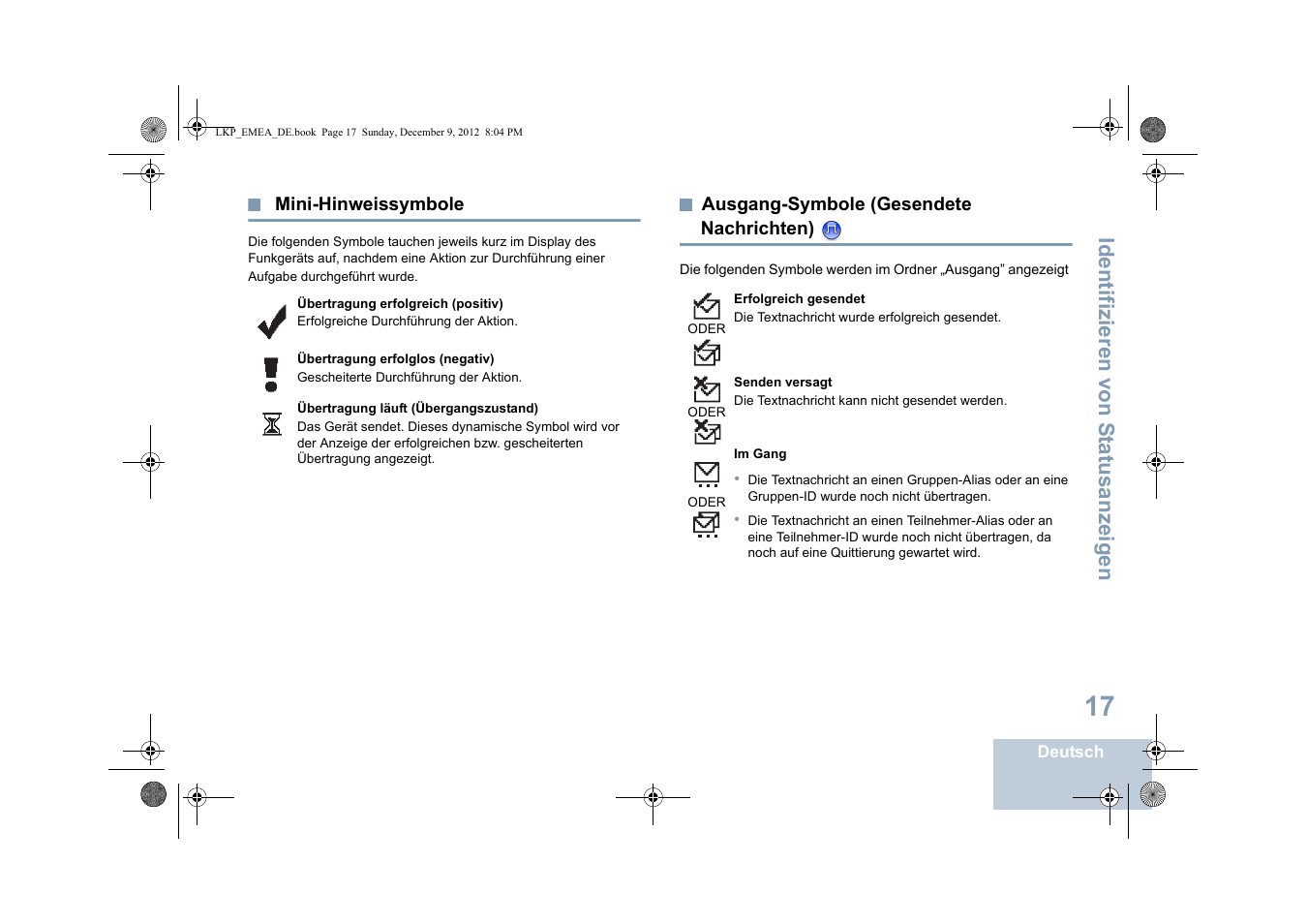 Mini-hinweissymbole, Ausgang-symbole (gesendete nachrichten), Seite 17 ausgang-symbole (gesendete nachrichten) | Seite 17, Identifizieren von s tatusanzeigen | Motorola DP 2600 User Manual | Page 123 / 900