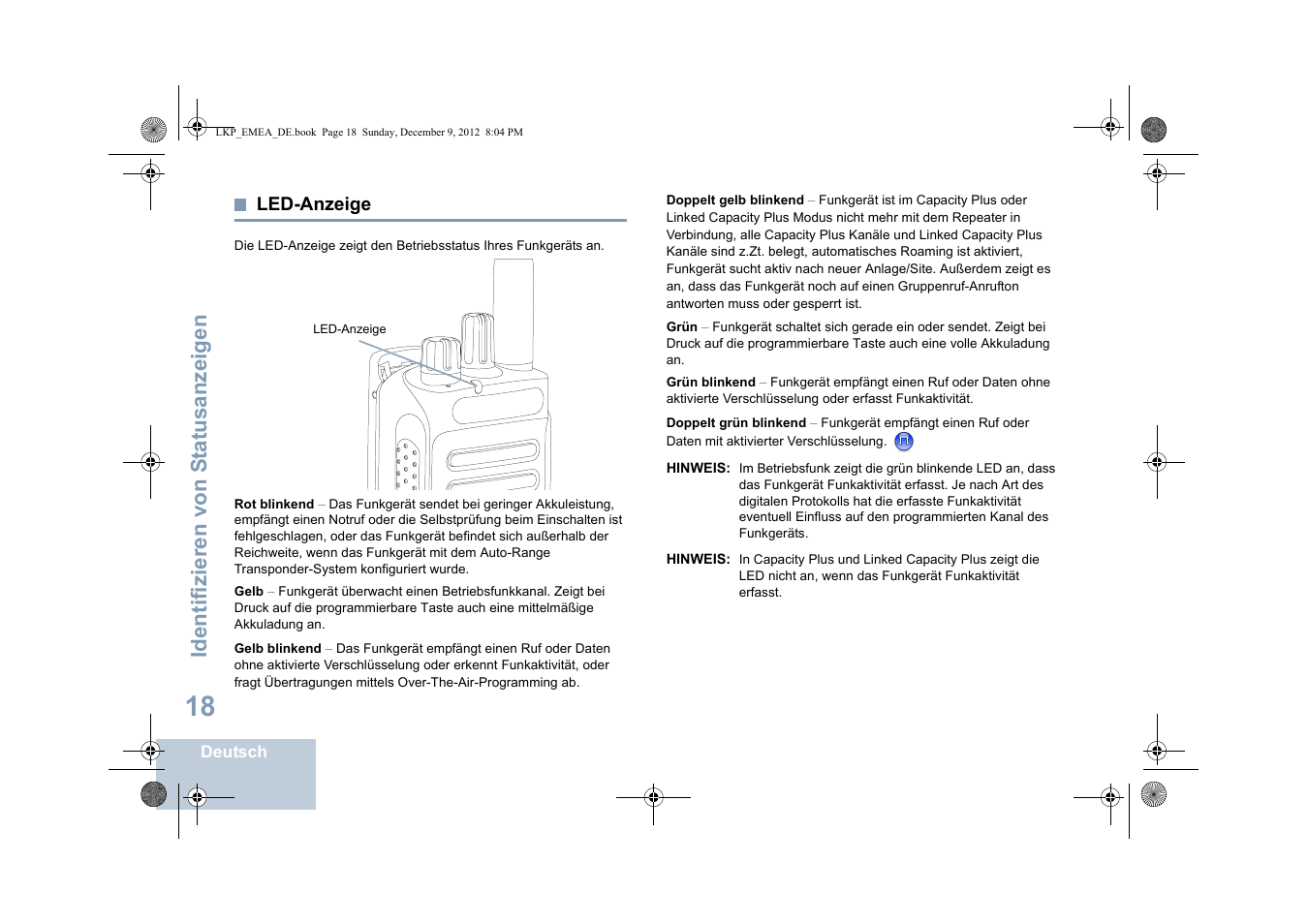 Led-anzeige, Seite 18, Identifizieren von s tatusanzeigen | Motorola DP 2600 User Manual | Page 124 / 900