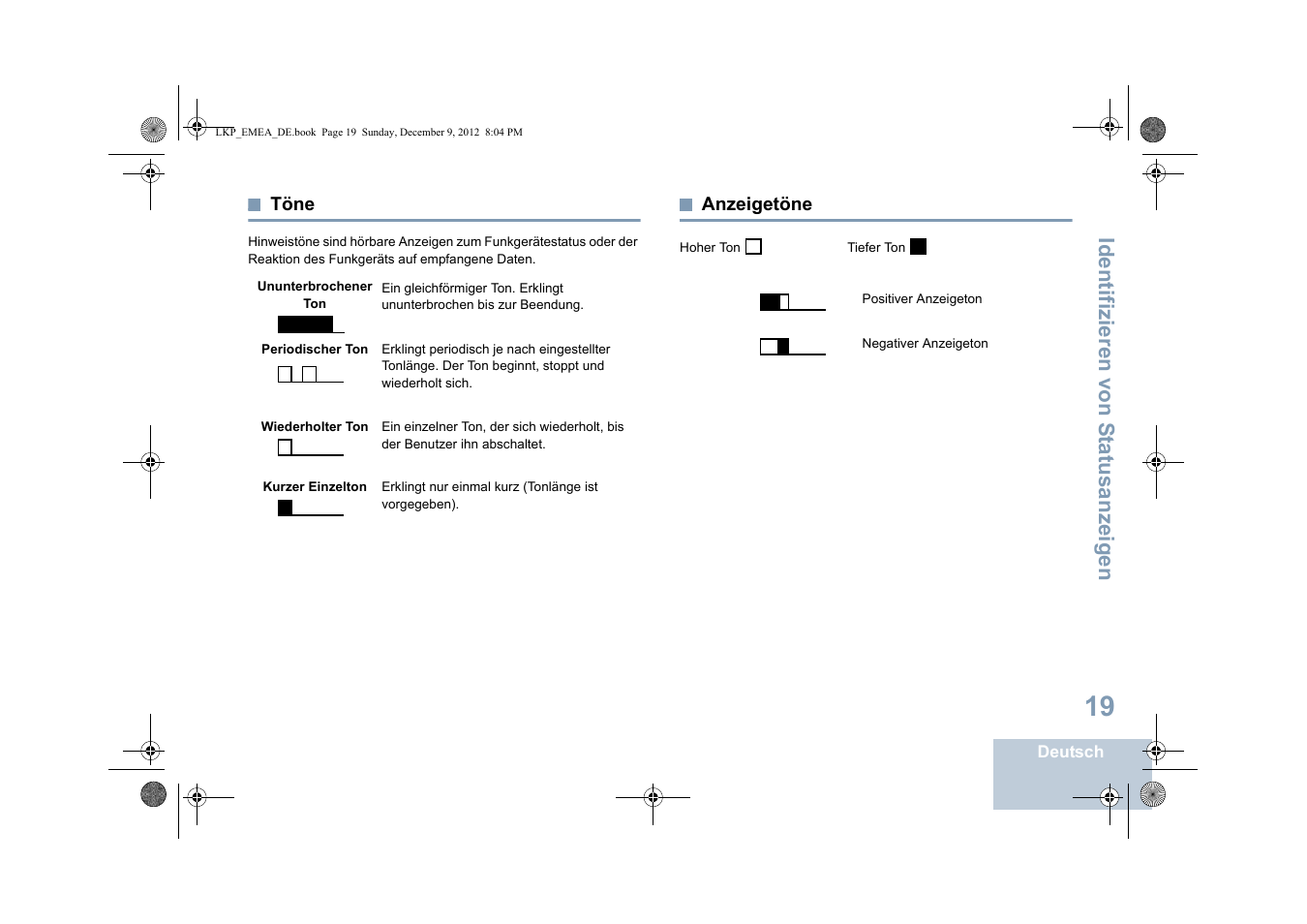 Töne, Anzeigetöne, Töne anzeigetöne | Seite 19 anzeigetöne, Seite 19, Identifizieren von s tatusanzeigen | Motorola DP 2600 User Manual | Page 125 / 900