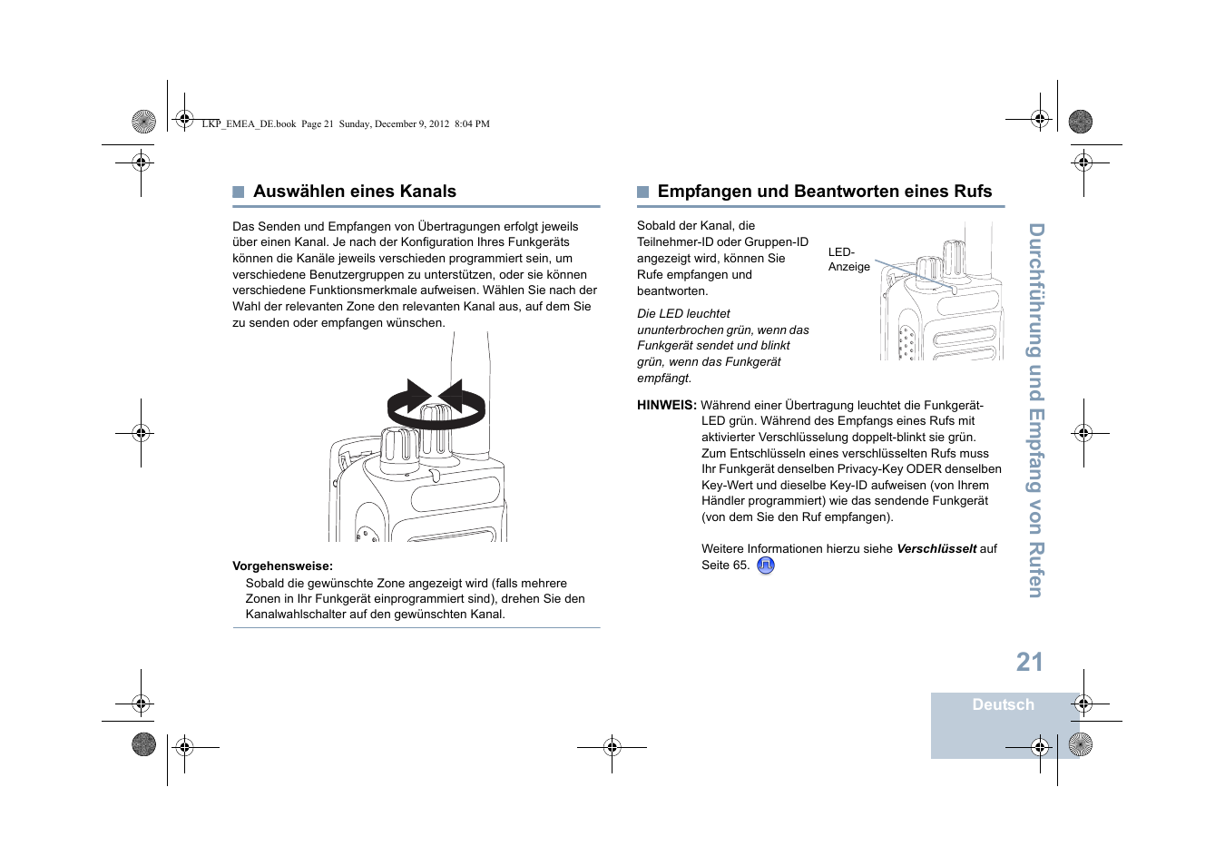 Auswählen eines kanals, Empfangen und beantworten eines rufs, Seite 21 empfangen und beantworten eines rufs | Seite 21 | Motorola DP 2600 User Manual | Page 127 / 900