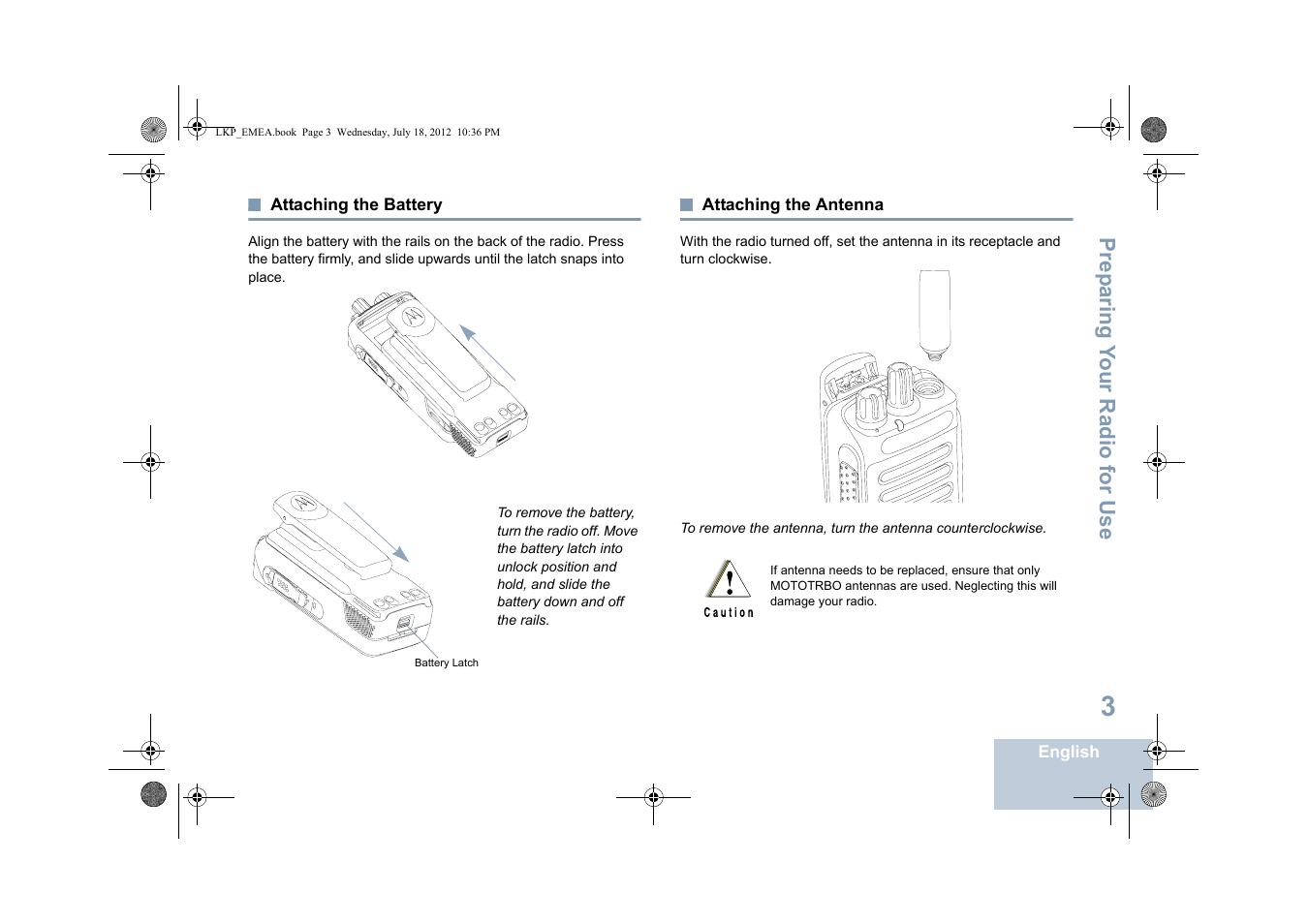 Attaching the battery, Attaching the antenna, Attaching the battery attaching the antenna | Motorola DP 2600 User Manual | Page 13 / 900