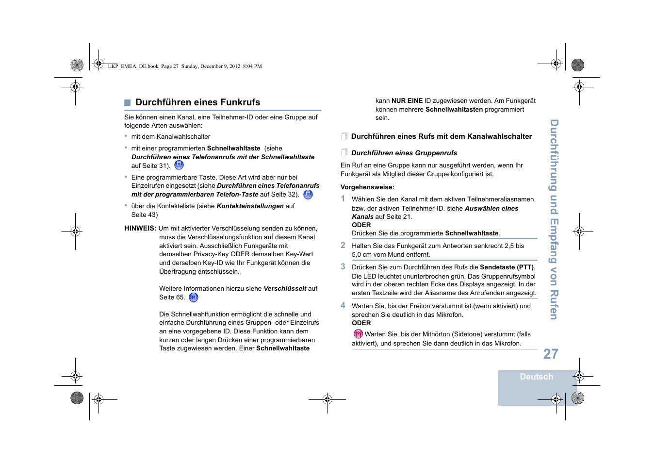 Durchführen eines funkrufs, Durchführen eines rufs mit dem kanalwahlschalter, Durchführen eines gruppenrufs | Durchführen, Eines funkrufs, Seite 27), Seite 27 | Motorola DP 2600 User Manual | Page 133 / 900