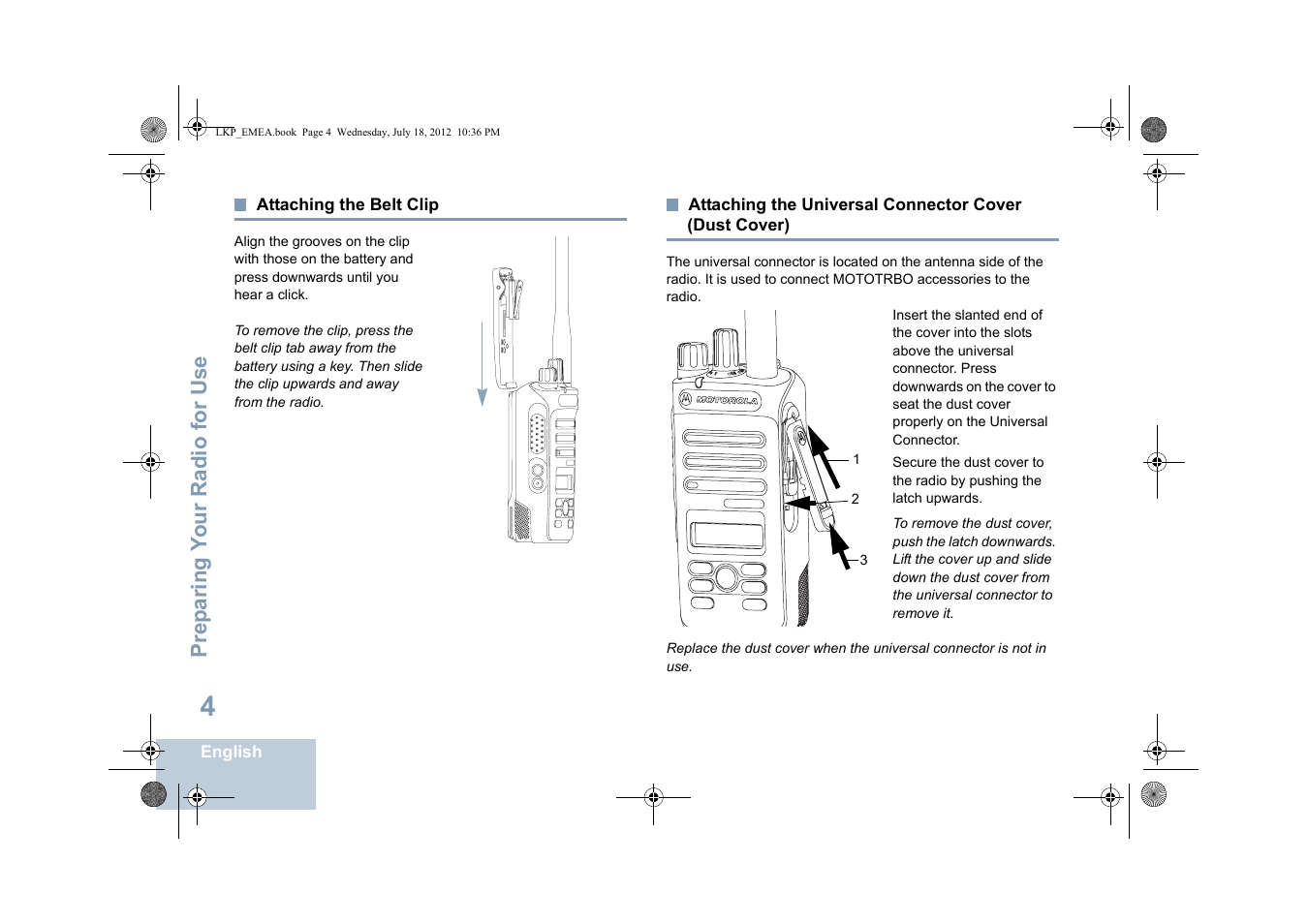 Attaching the belt clip, Dust cover) | Motorola DP 2600 User Manual | Page 14 / 900