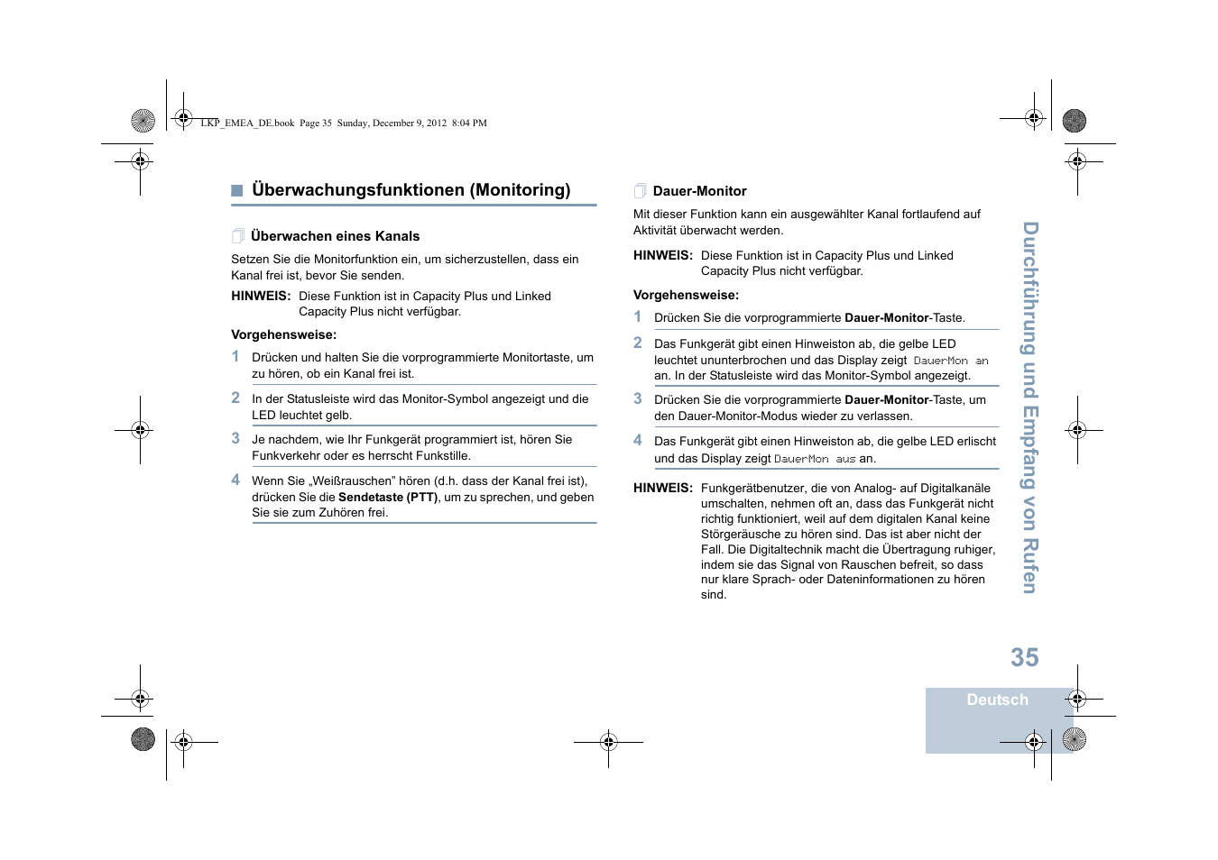 Überwachungsfunktionen (monitoring), Überwachen eines kanals, Dauer-monitor | Überwachen eines kanals dauer-monitor, Seite 35 | Motorola DP 2600 User Manual | Page 141 / 900