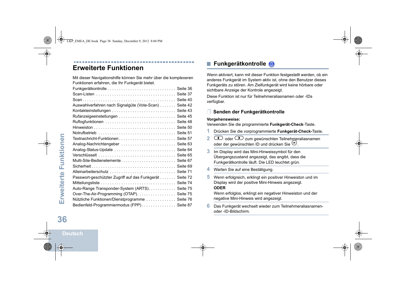 Erweiterte funktionen, Funkgerätkontrolle, Senden der funkgerätkontrolle | Motorola DP 2600 User Manual | Page 142 / 900