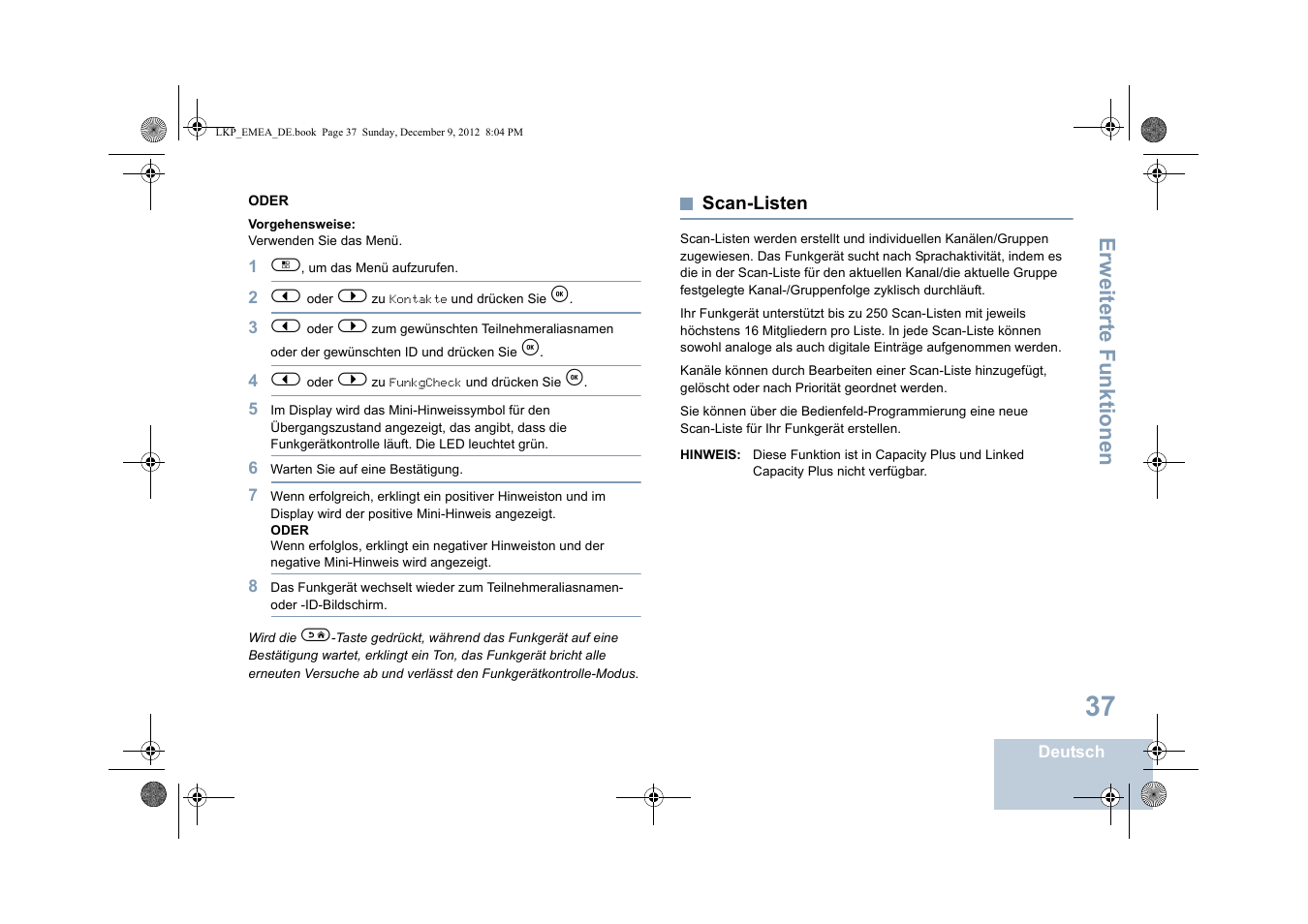 Scan-listen, Seite 37, Erweiterte funktionen | Motorola DP 2600 User Manual | Page 143 / 900