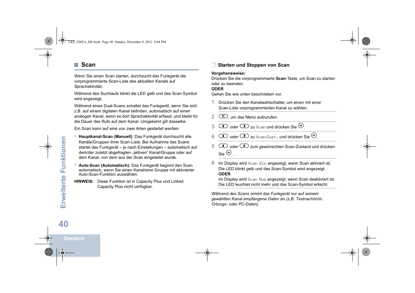 Scan, Starten und stoppen von scan, Seite 40 | Erweiterte funktionen | Motorola DP 2600 User Manual | Page 146 / 900