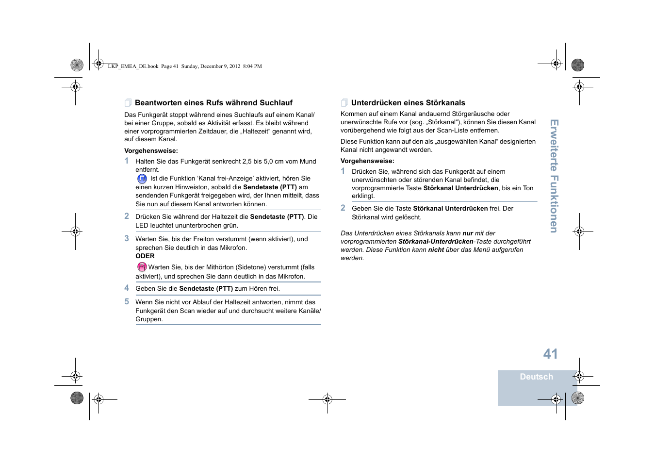 Beantworten eines rufs während suchlauf, Unterdrücken eines störkanals, Erweiterte funktionen | Motorola DP 2600 User Manual | Page 147 / 900