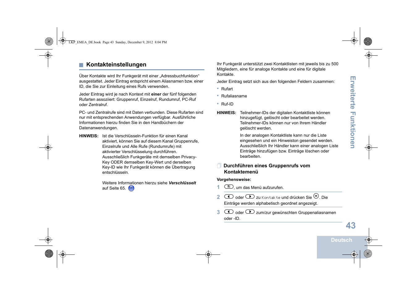 Kontakteinstellungen, Durchführen eines gruppenrufs vom kontaktemenü, E kontakteinstellungen | Seite 43), Seite 43, Erweiterte funktionen | Motorola DP 2600 User Manual | Page 149 / 900