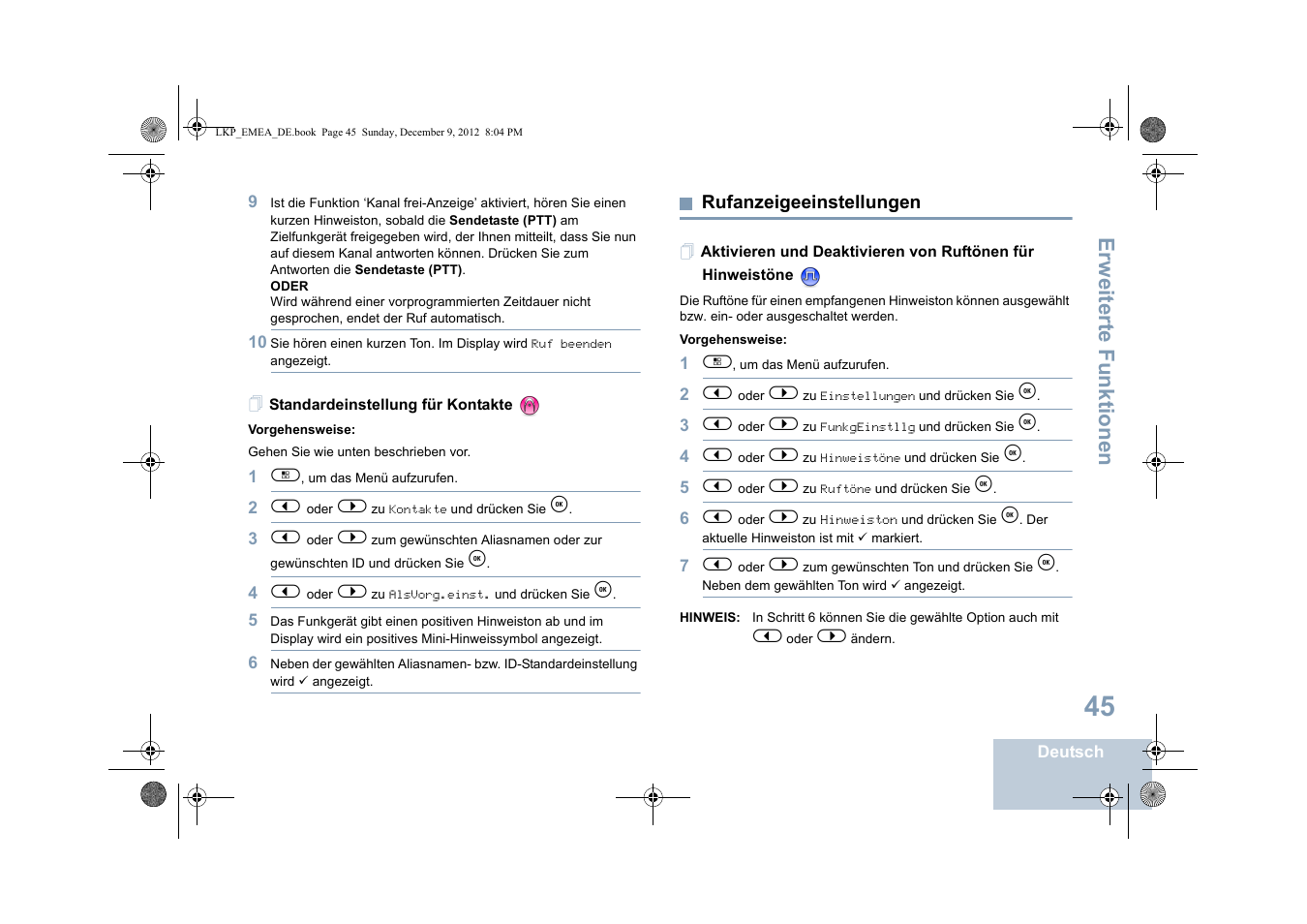 Standardeinstellung für kontakte, Rufanzeigeeinstellungen, Seite 45 | Erweiterte funktionen | Motorola DP 2600 User Manual | Page 151 / 900