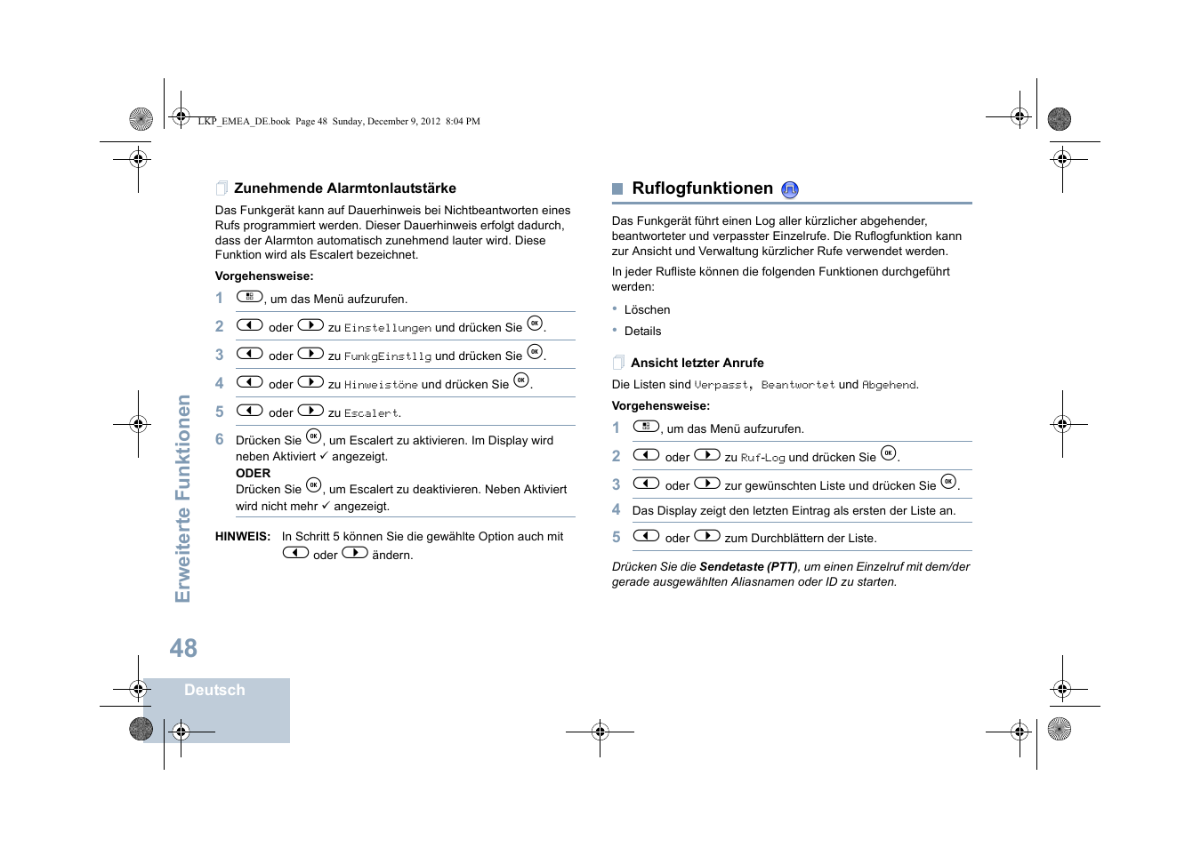 Zunehmende alarmtonlautstärke, Ruflogfunktionen, Ansicht letzter anrufe | Seite 48, Erweiterte funktionen | Motorola DP 2600 User Manual | Page 154 / 900