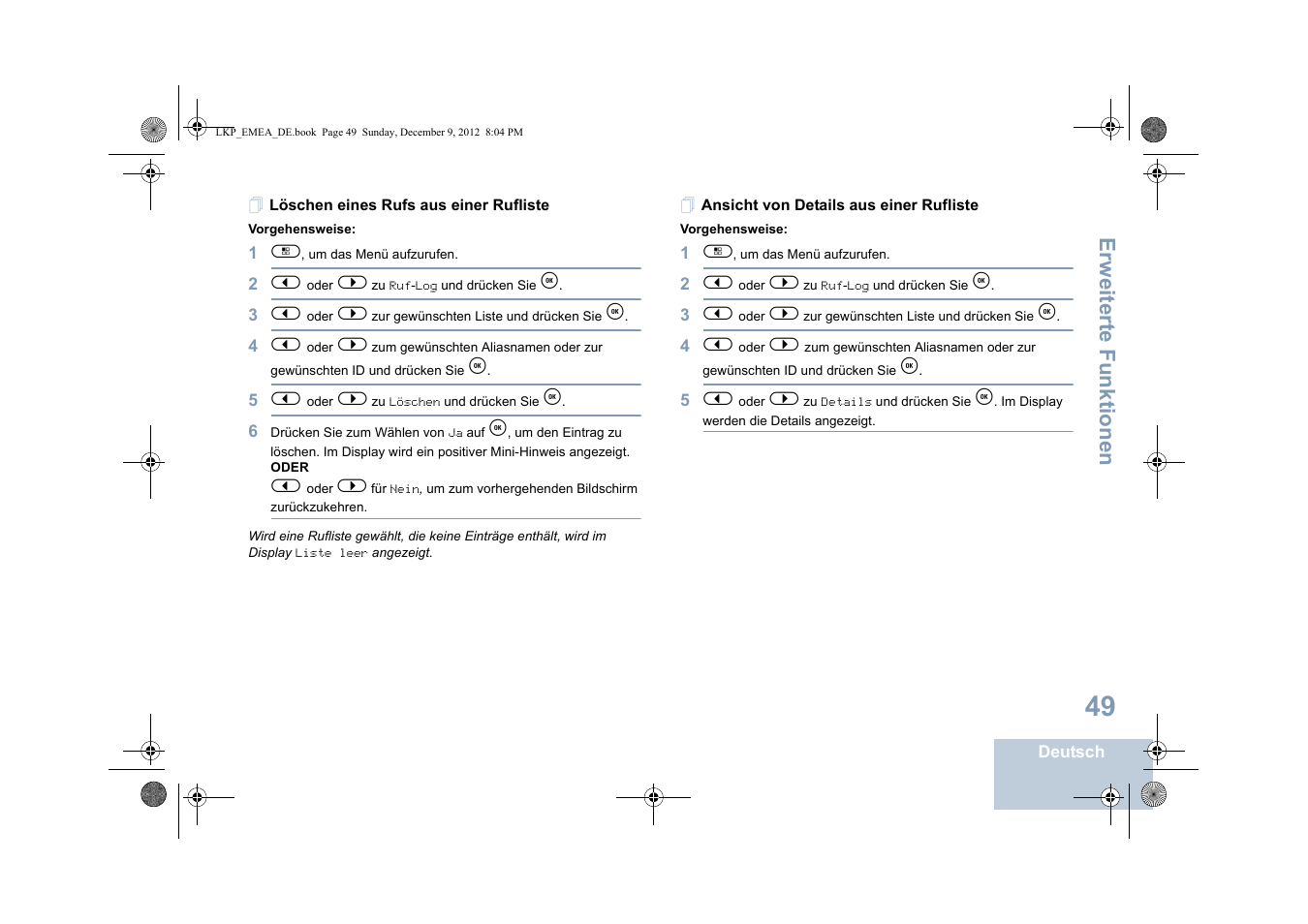 Löschen eines rufs aus einer rufliste, Ansicht von details aus einer rufliste, Erweiterte funktionen | Motorola DP 2600 User Manual | Page 155 / 900