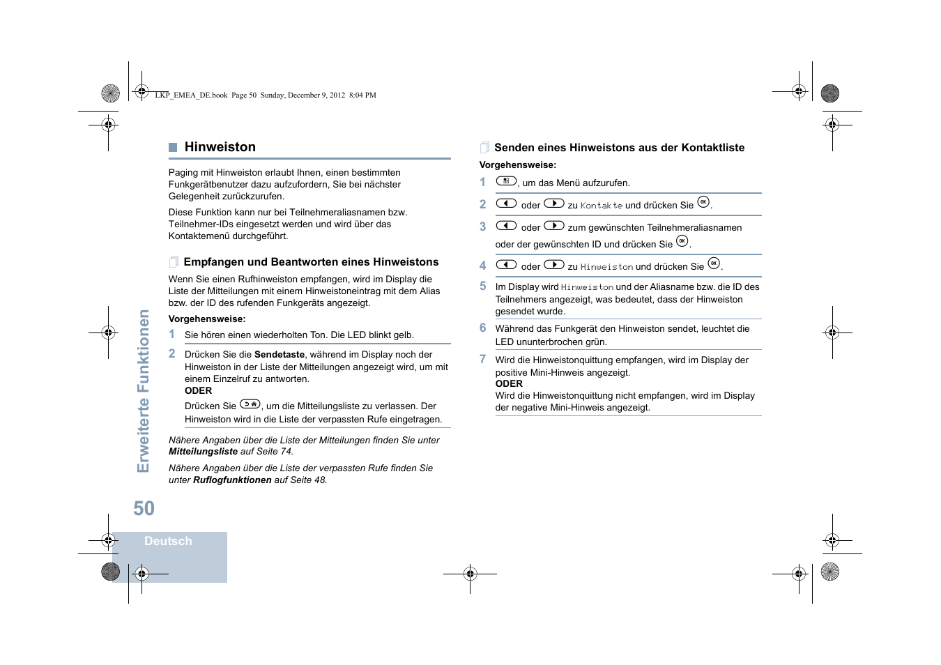 Hinweiston, Empfangen und beantworten eines hinweistons, Senden eines hinweistons aus der kontaktliste | Seite 50, Erweiterte funktionen | Motorola DP 2600 User Manual | Page 156 / 900