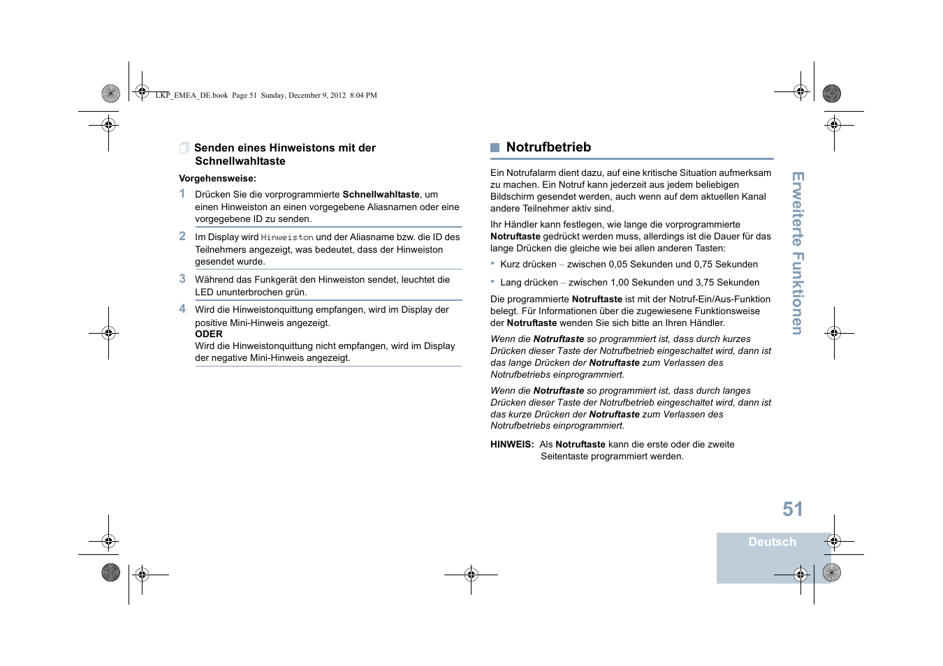 Senden eines hinweistons mit der schnellwahltaste, Notrufbetrieb, Seite 51 | Erweiterte funktionen | Motorola DP 2600 User Manual | Page 157 / 900