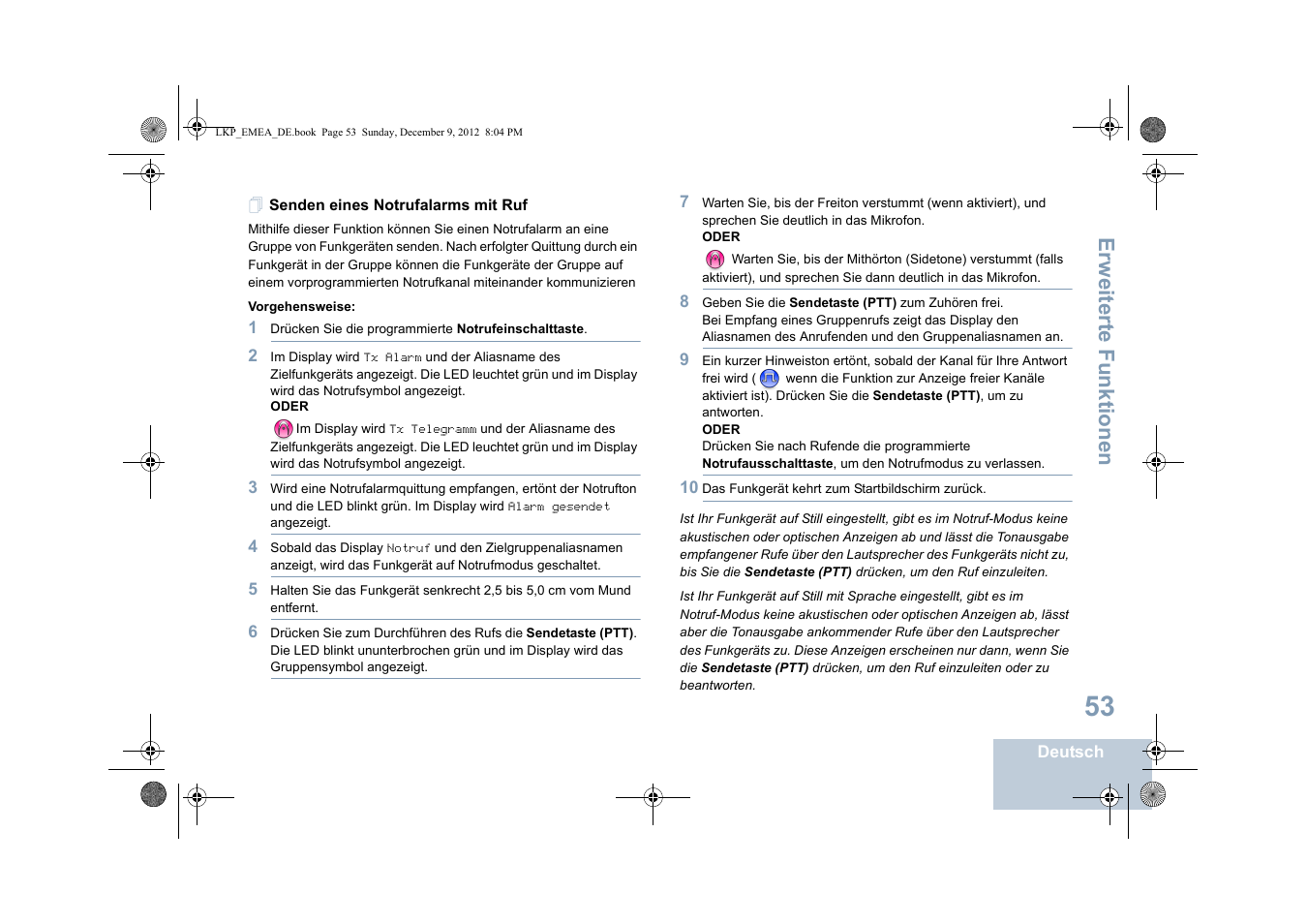 Senden eines notrufalarms mit ruf, Erweiterte funktionen | Motorola DP 2600 User Manual | Page 159 / 900