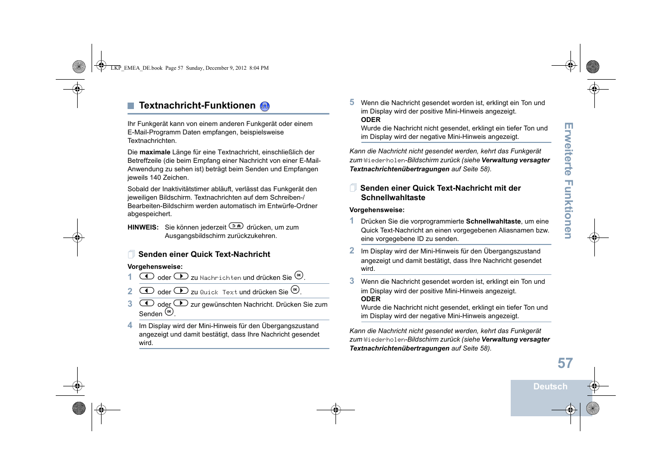 Textnachricht-funktionen, Senden einer quick text-nachricht, Seite 57 | Erweiterte funktionen | Motorola DP 2600 User Manual | Page 163 / 900