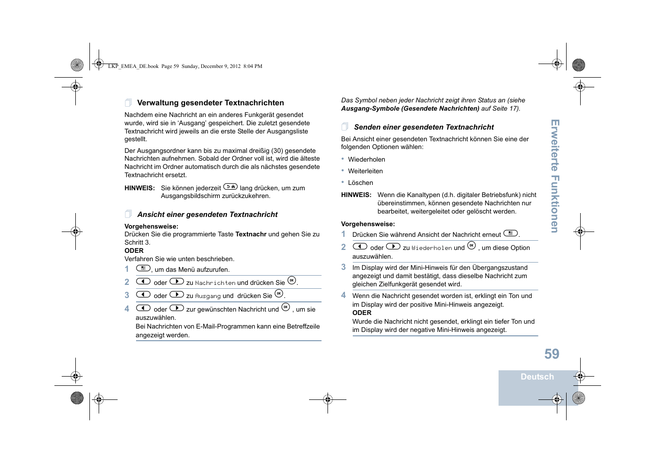 Verwaltung gesendeter textnachrichten, Ansicht einer gesendeten textnachricht, Senden einer gesendeten textnachricht | Erweiterte funktionen | Motorola DP 2600 User Manual | Page 165 / 900