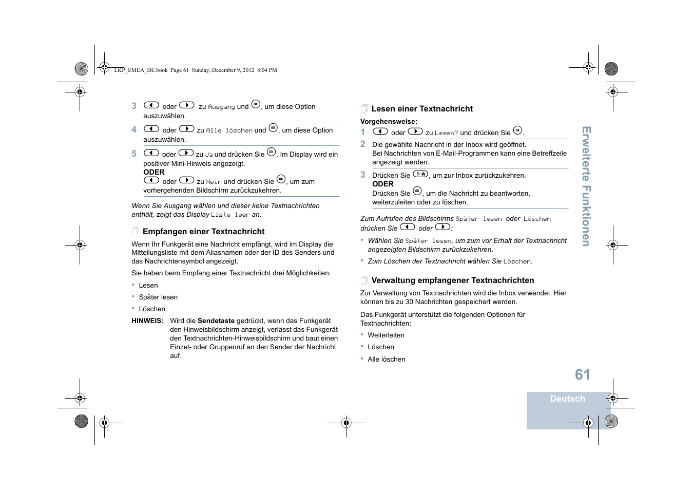 Empfangen einer textnachricht, Lesen einer textnachricht, Verwaltung empfangener textnachrichten | Erweiterte funktionen | Motorola DP 2600 User Manual | Page 167 / 900