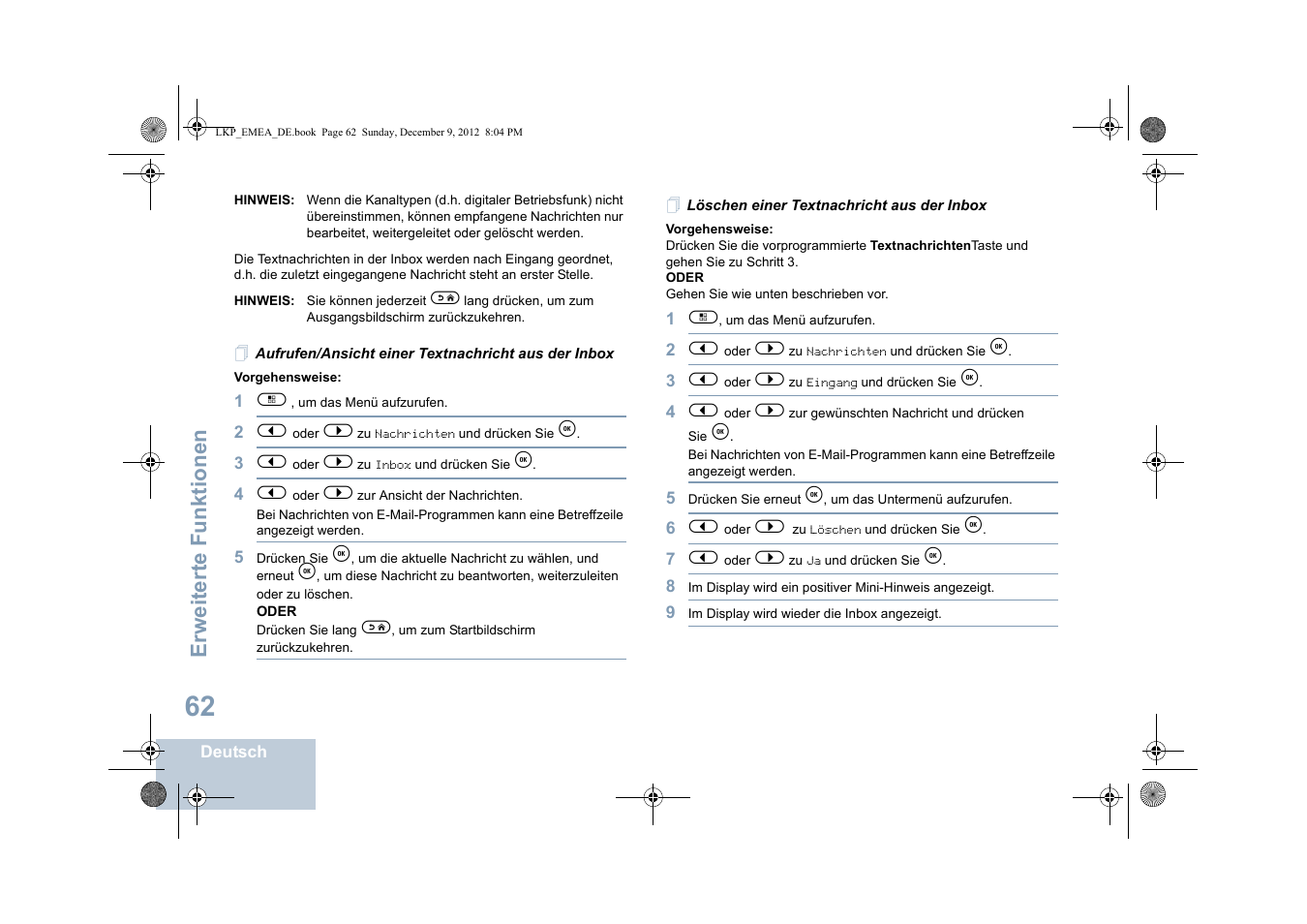 Aufrufen/ansicht einer textnachricht aus der inbox, Löschen einer textnachricht aus der inbox, Erweiterte funktionen | Motorola DP 2600 User Manual | Page 168 / 900