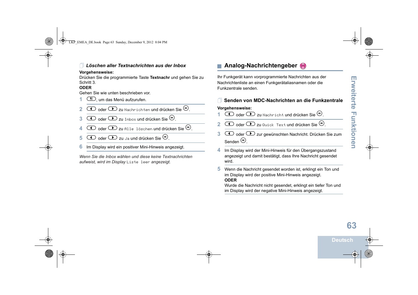 Löschen aller textnachrichten aus der inbox, Analog-nachrichtengeber, Senden von mdc-nachrichten an die funkzentrale | Seite 63, Erweiterte funktionen | Motorola DP 2600 User Manual | Page 169 / 900