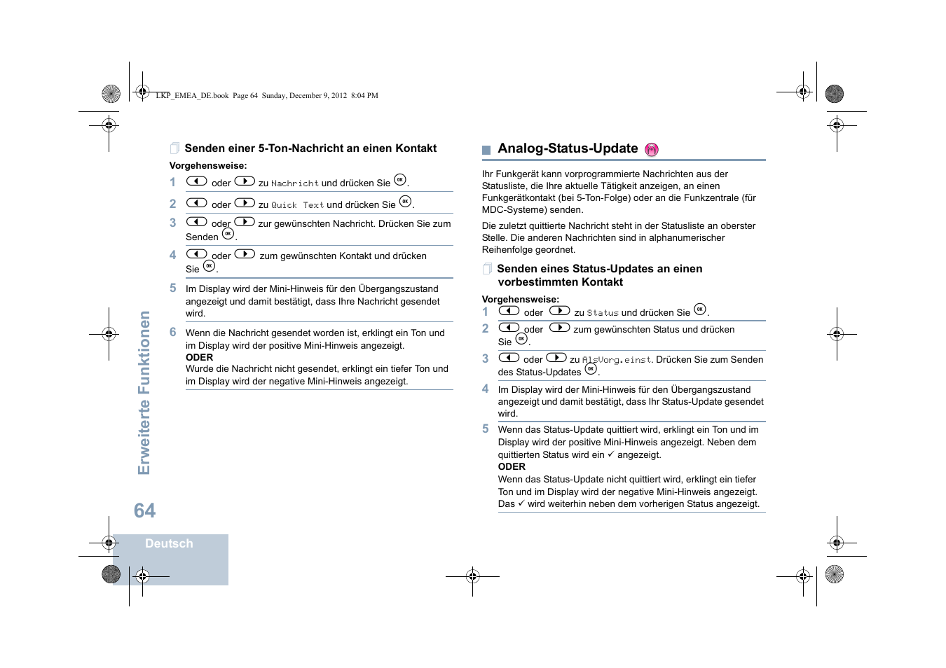 Senden einer 5-ton-nachricht an einen kontakt, Analog-status-update, Seite 64 | Erweiterte funktionen | Motorola DP 2600 User Manual | Page 170 / 900