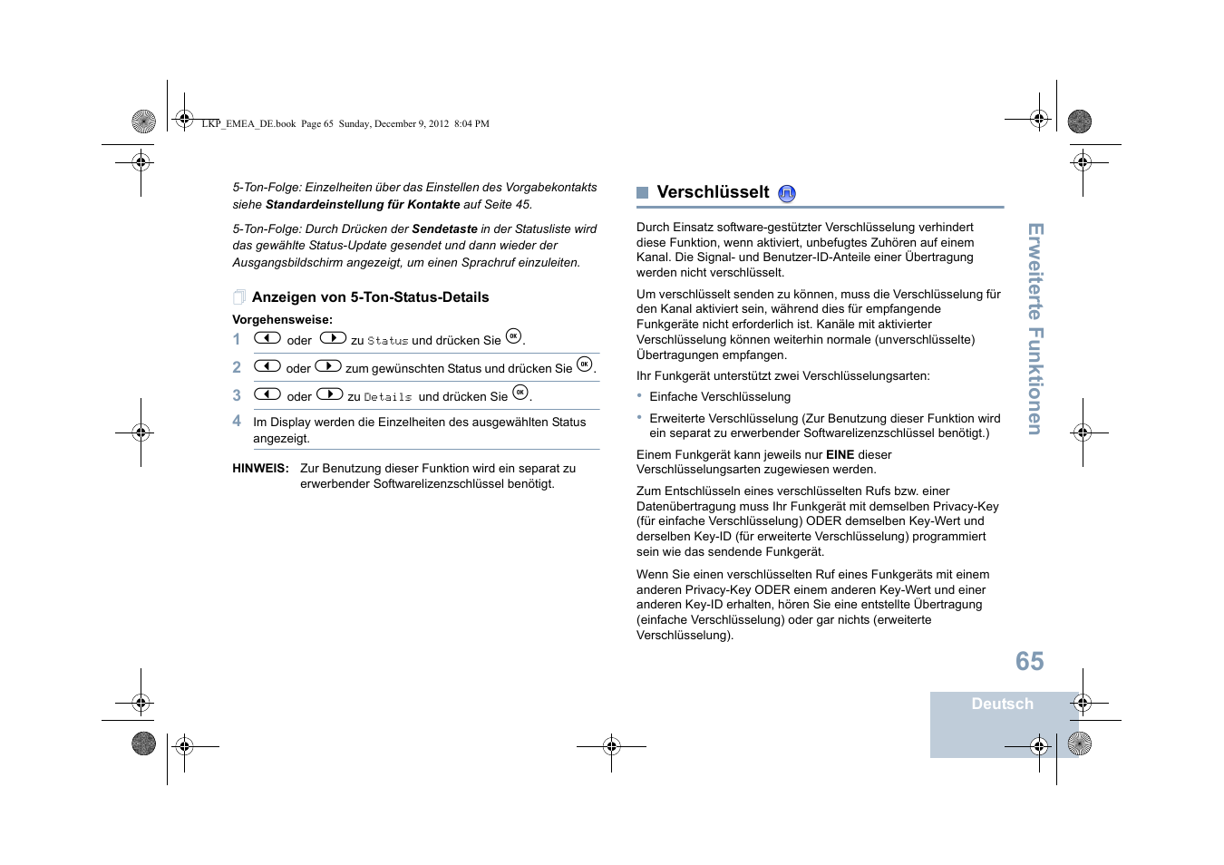 Anzeigen von 5-ton-status-details, Verschlüsselt, Seite 65 | Erweiterte funktionen | Motorola DP 2600 User Manual | Page 171 / 900