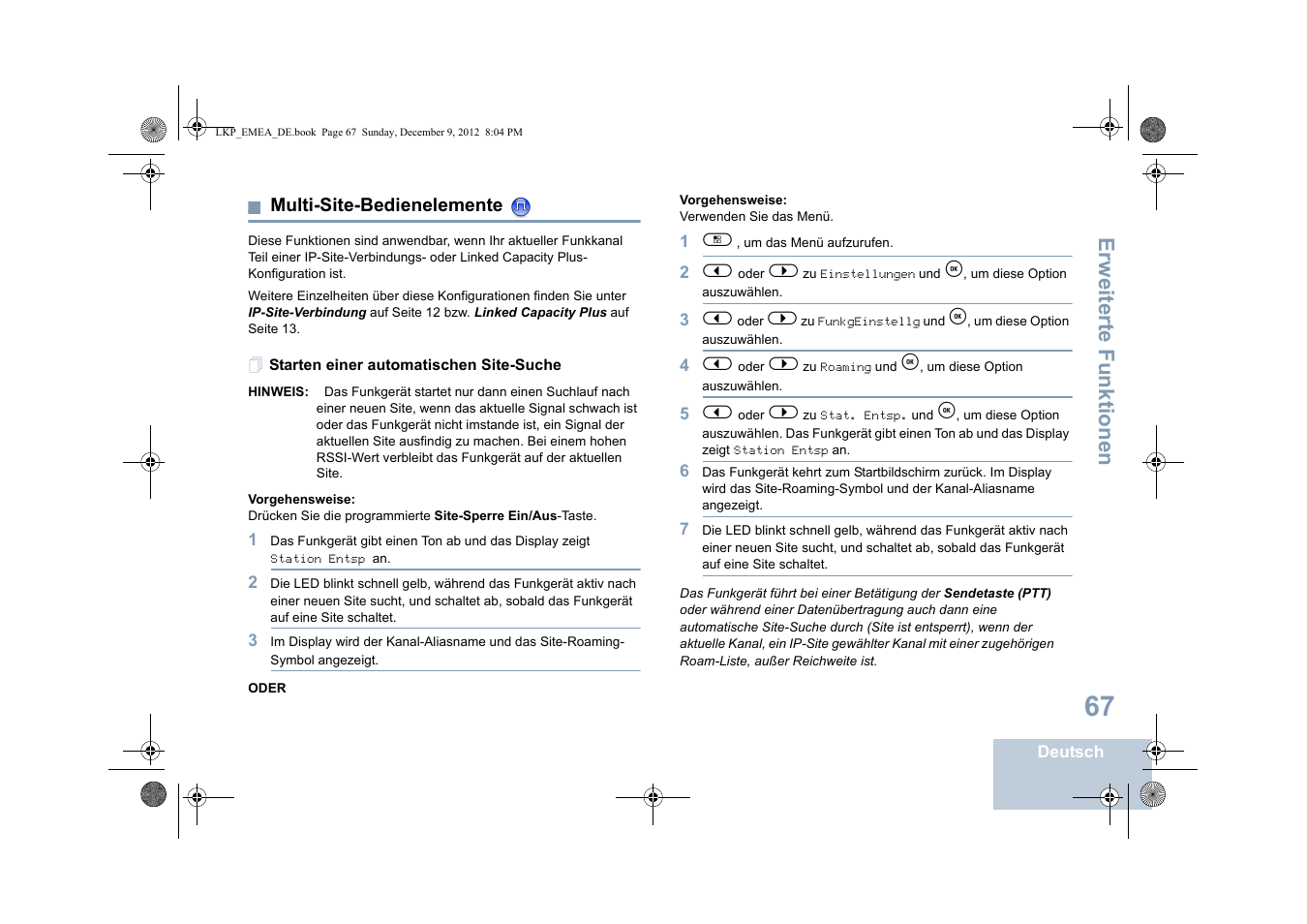 Multi-site-bedienelemente, Starten einer automatischen site-suche, Seite 67 | Erweiterte funktionen | Motorola DP 2600 User Manual | Page 173 / 900