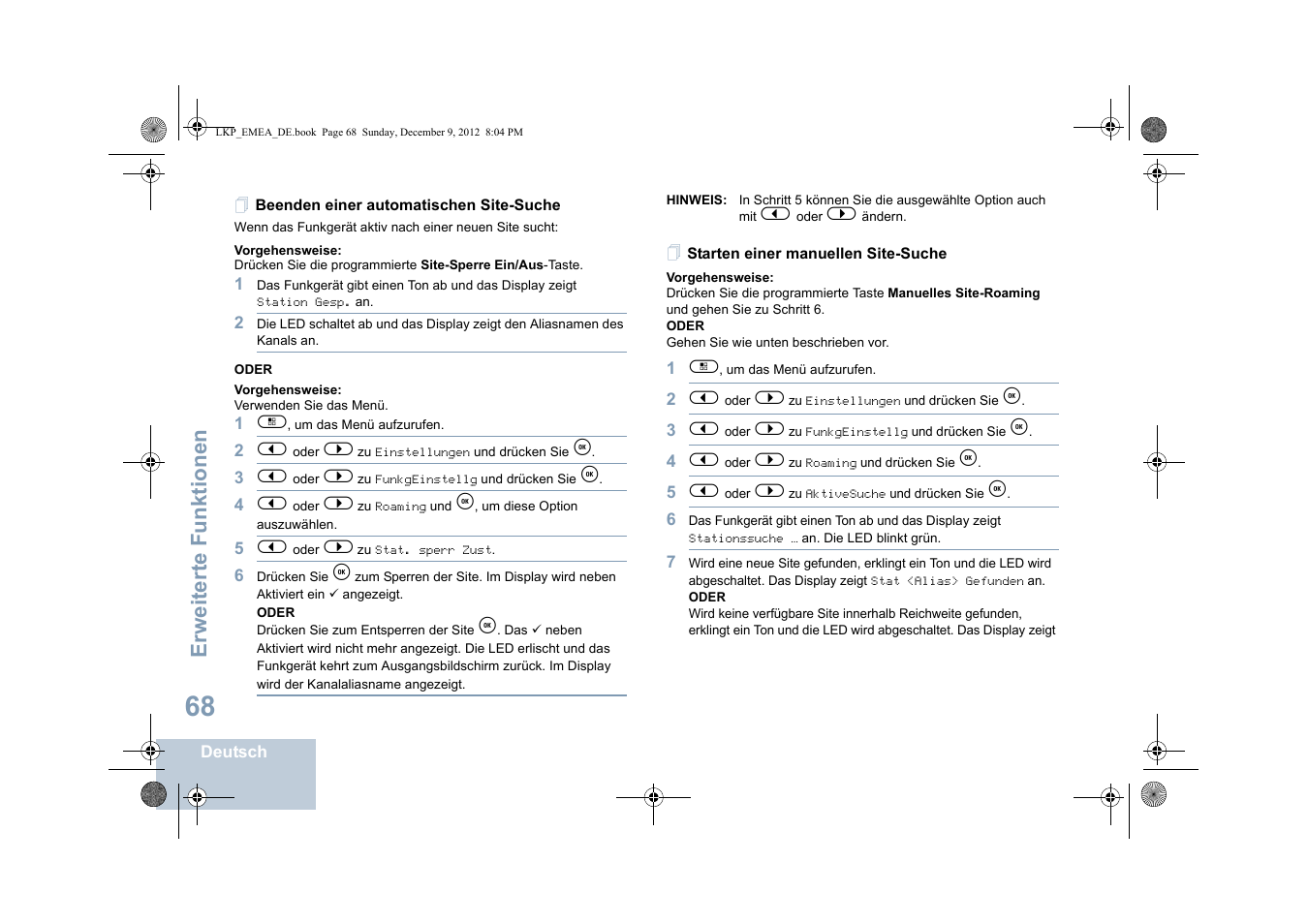 Beenden einer automatischen site-suche, Starten einer manuellen site-suche, Erweiterte funktionen | Motorola DP 2600 User Manual | Page 174 / 900