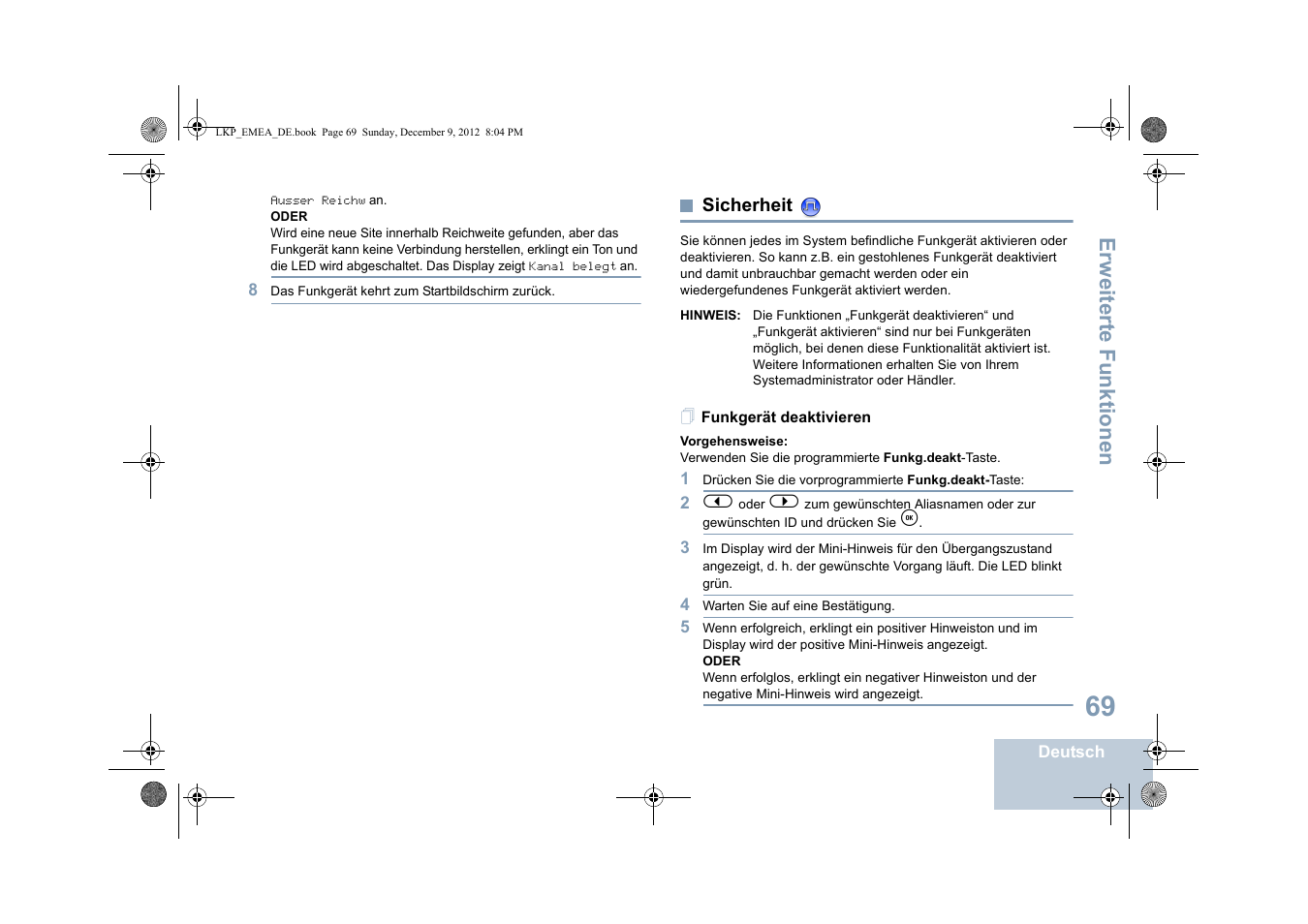 Sicherheit, Funkgerät deaktivieren, Seite 69 | Erweiterte funktionen | Motorola DP 2600 User Manual | Page 175 / 900