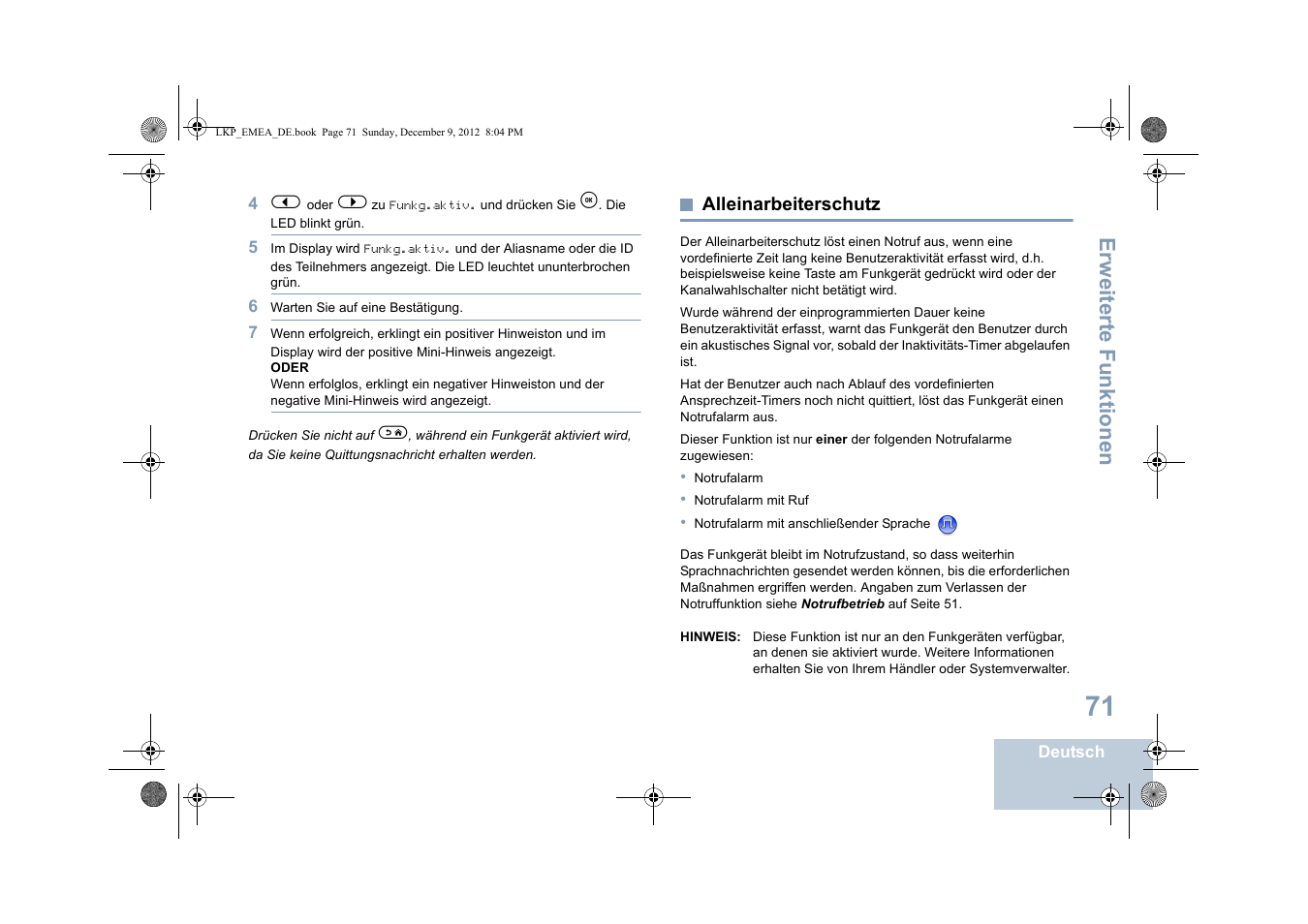 Alleinarbeiterschutz, Seite 71, Erweiterte funktionen | Motorola DP 2600 User Manual | Page 177 / 900