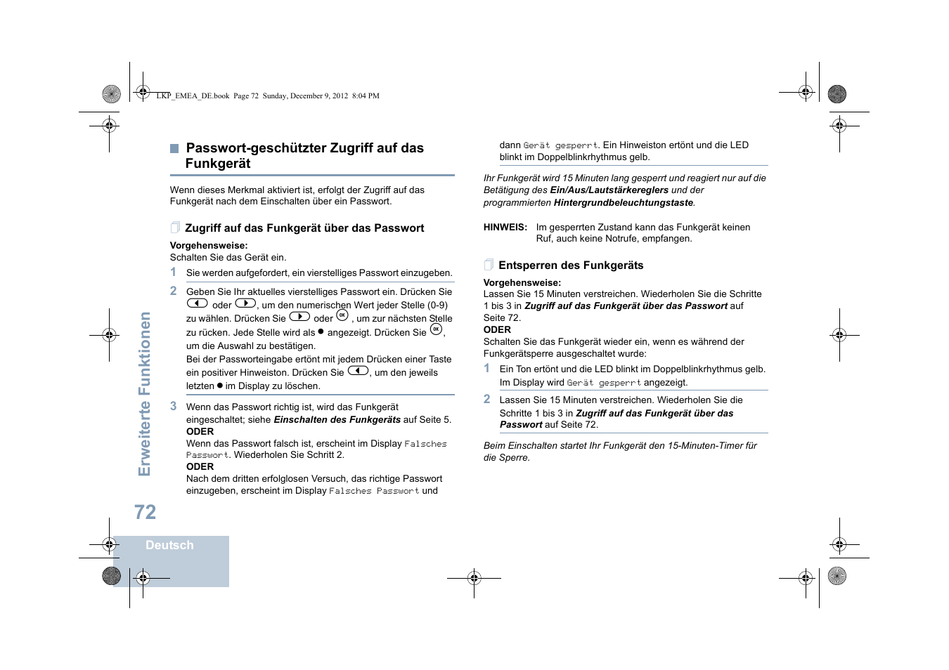 Passwort-geschützter zugriff auf das funkgerät, Zugriff auf das funkgerät über das passwort, Entsperren des funkgeräts | Seite 72, Erweiterte funktionen | Motorola DP 2600 User Manual | Page 178 / 900