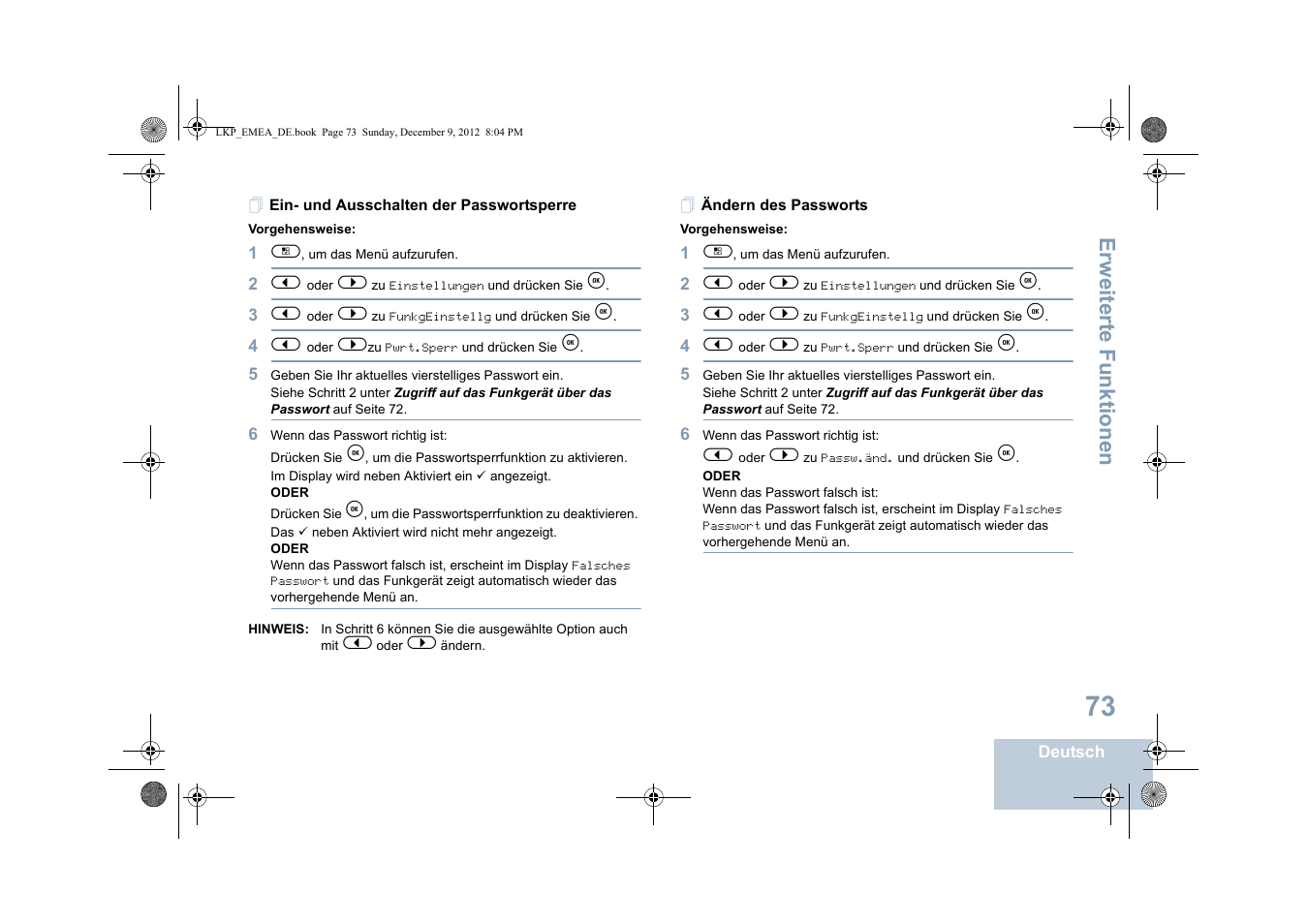 Ein- und ausschalten der passwortsperre, Ändern des passworts, Erweiterte funktionen | Motorola DP 2600 User Manual | Page 179 / 900