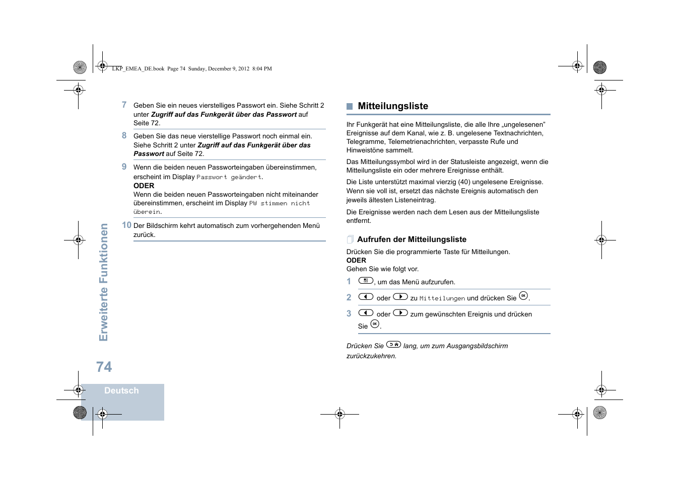 Mitteilungsliste, Aufrufen der mitteilungsliste, Seite 74 | Erweiterte funktionen | Motorola DP 2600 User Manual | Page 180 / 900