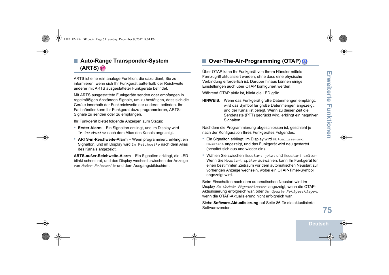 Auto-range transponder-system (arts), Over-the-air-programming (otap), Seite 75 over-the-air-programming (otap) | Seite 75, Erweiterte funktionen | Motorola DP 2600 User Manual | Page 181 / 900