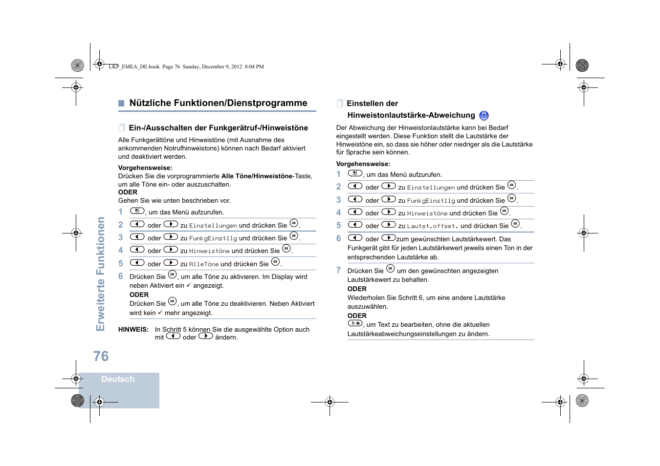 Nützliche funktionen/dienstprogramme, Ein-/ausschalten der funkgerätruf-/hinweistöne, Einstellen der hinweistonlautstärke-abweichung | Seite 76, Erweiterte funktionen | Motorola DP 2600 User Manual | Page 182 / 900