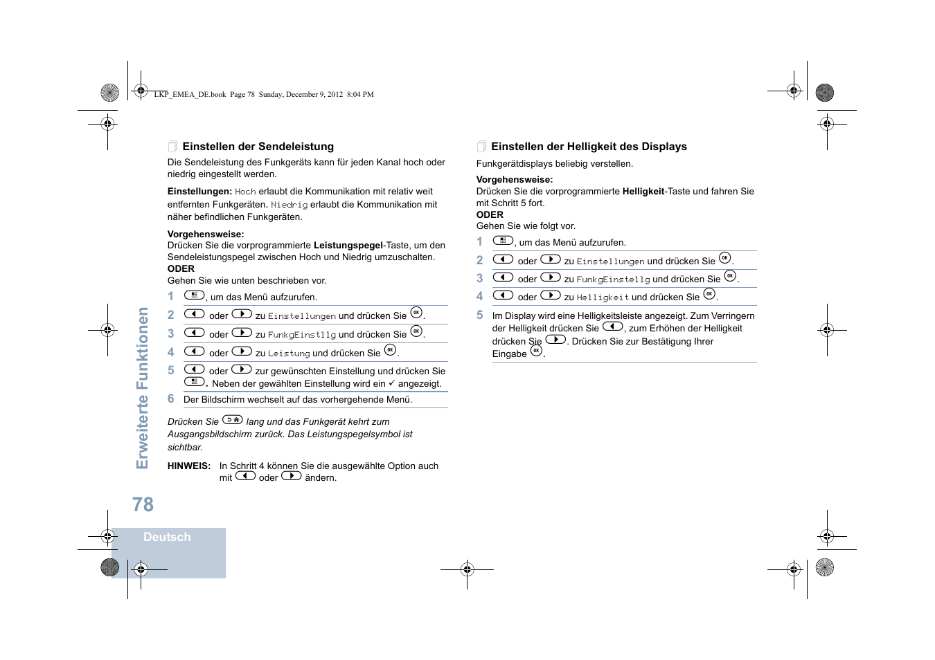 Einstellen der sendeleistung, Einstellen der helligkeit des displays, Erweiterte funktionen | Motorola DP 2600 User Manual | Page 184 / 900