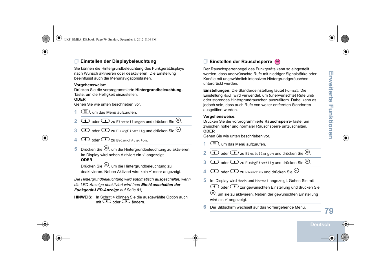 Einstellen der displaybeleuchtung, Einstellen der rauschsperre, Erweiterte funktionen | Motorola DP 2600 User Manual | Page 185 / 900