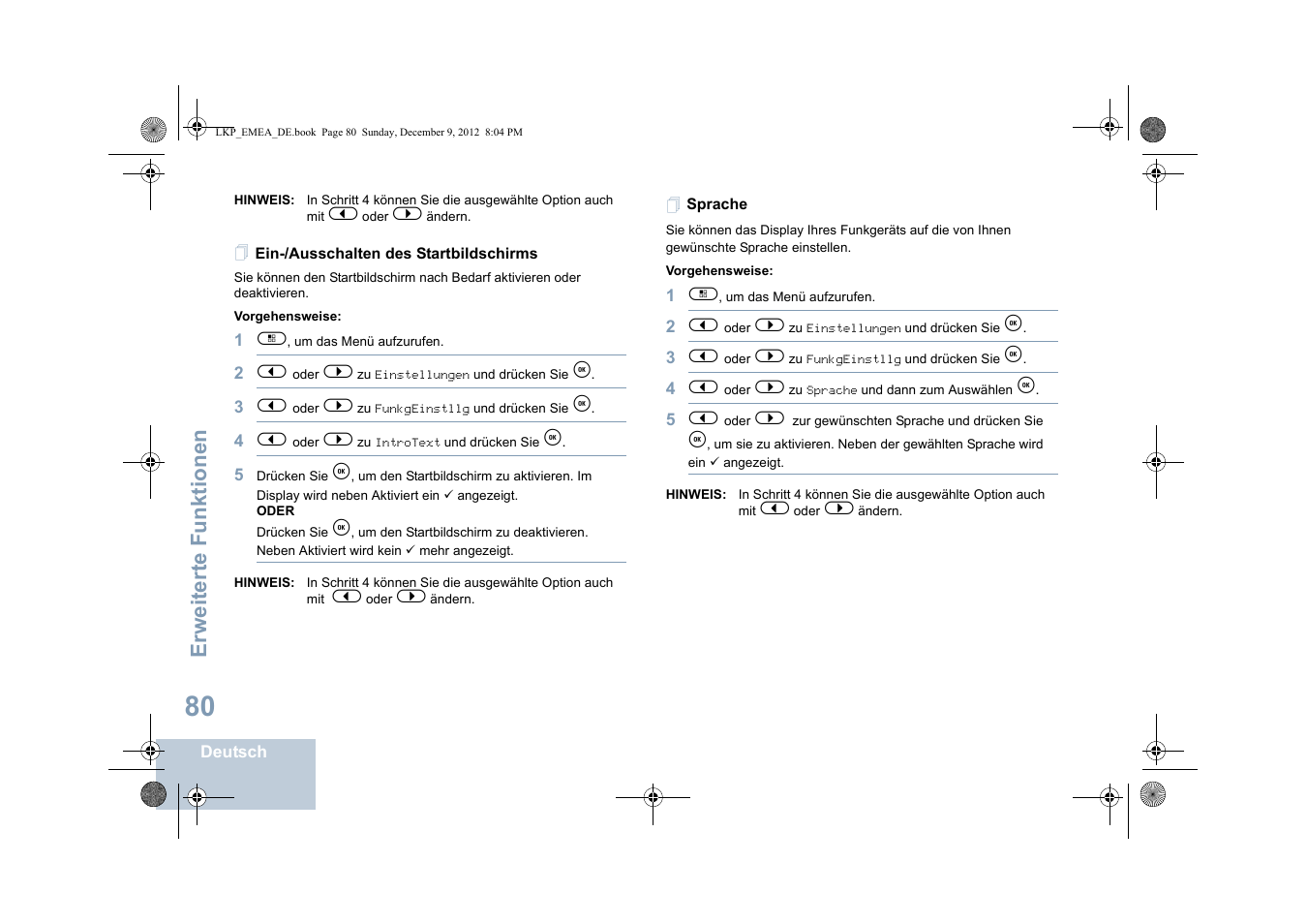 Ein-/ausschalten des startbildschirms, Sprache, Ein-/ausschalten des startbildschirms sprache | Erweiterte funktionen | Motorola DP 2600 User Manual | Page 186 / 900