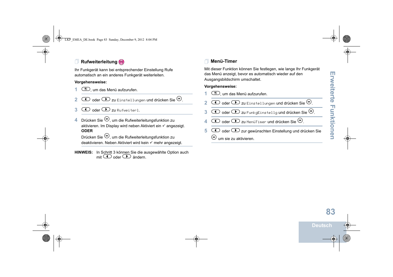 Rufweiterleitung, Menü-timer, Rufweiterleitung menü-timer | Erweiterte funktionen | Motorola DP 2600 User Manual | Page 189 / 900