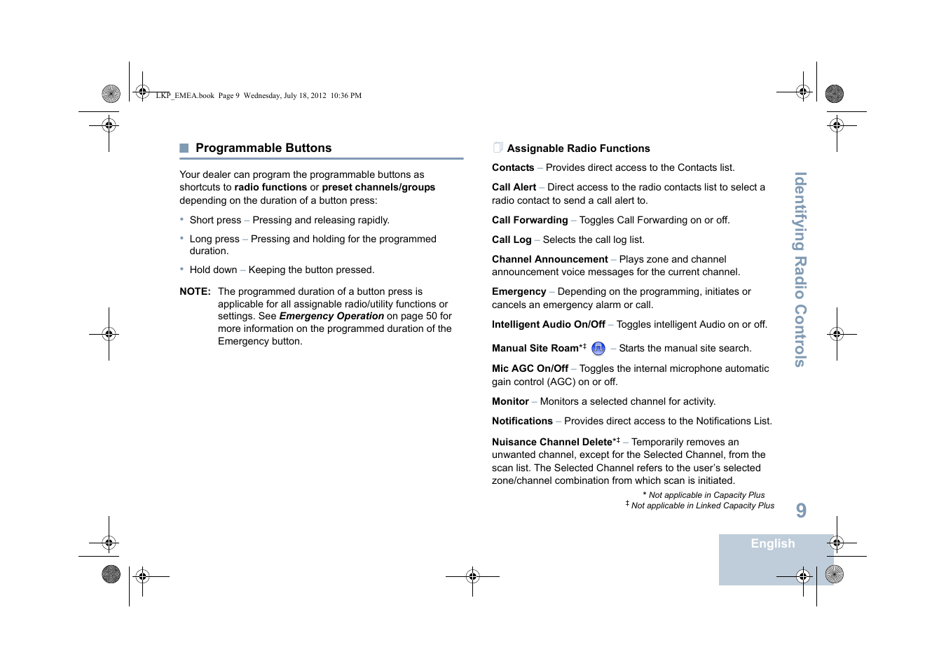 Programmable buttons, Assignable radio functions, Identifying radio controls | Motorola DP 2600 User Manual | Page 19 / 900