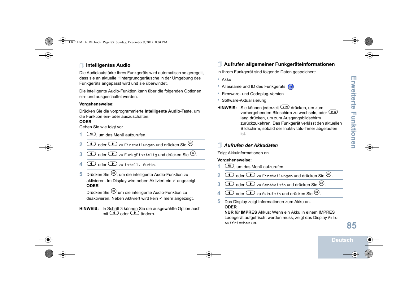 Intelligentes audio, Aufrufen allgemeiner funkgeräteinformationen, Aufrufen der akkudaten | Erweiterte funktionen | Motorola DP 2600 User Manual | Page 191 / 900