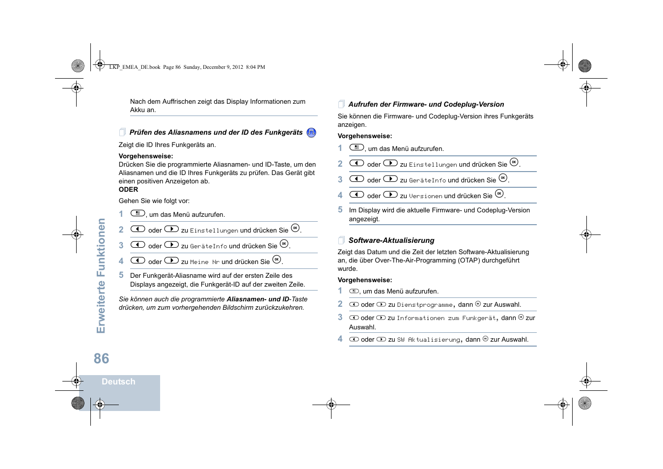 Prüfen des aliasnamens und der id des funkgeräts, Aufrufen der firmware- und codeplug-version, Software-aktualisierung | Erweiterte funktionen | Motorola DP 2600 User Manual | Page 192 / 900