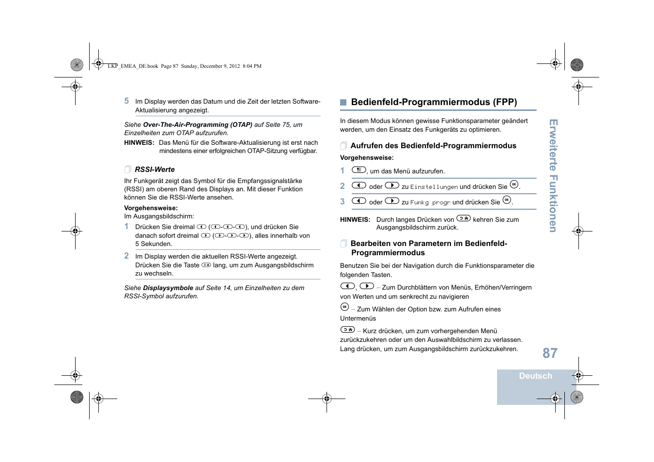 Rssi-werte, Bedienfeld-programmiermodus (fpp), Aufrufen des bedienfeld-programmiermodus | Seite 87, Erweiterte funktionen | Motorola DP 2600 User Manual | Page 193 / 900