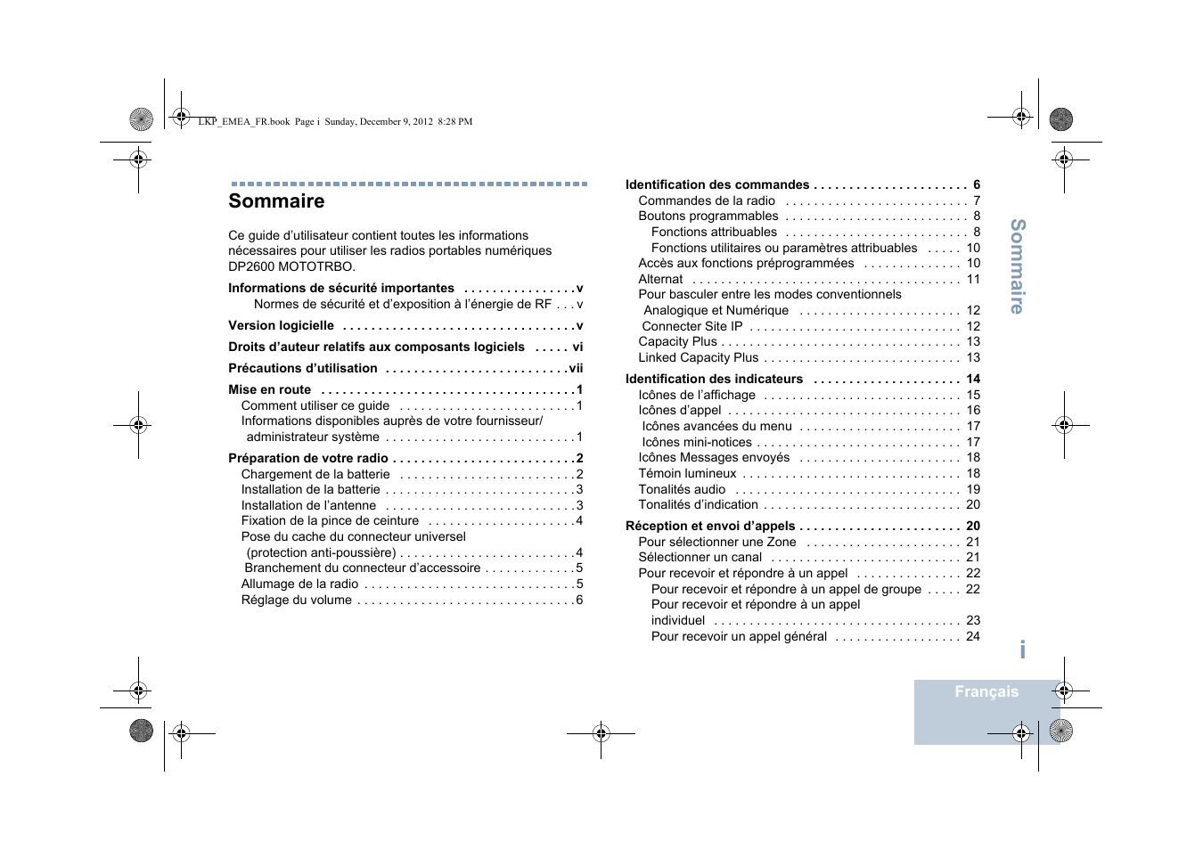 Français, Sommaire | Motorola DP 2600 User Manual | Page 199 / 900