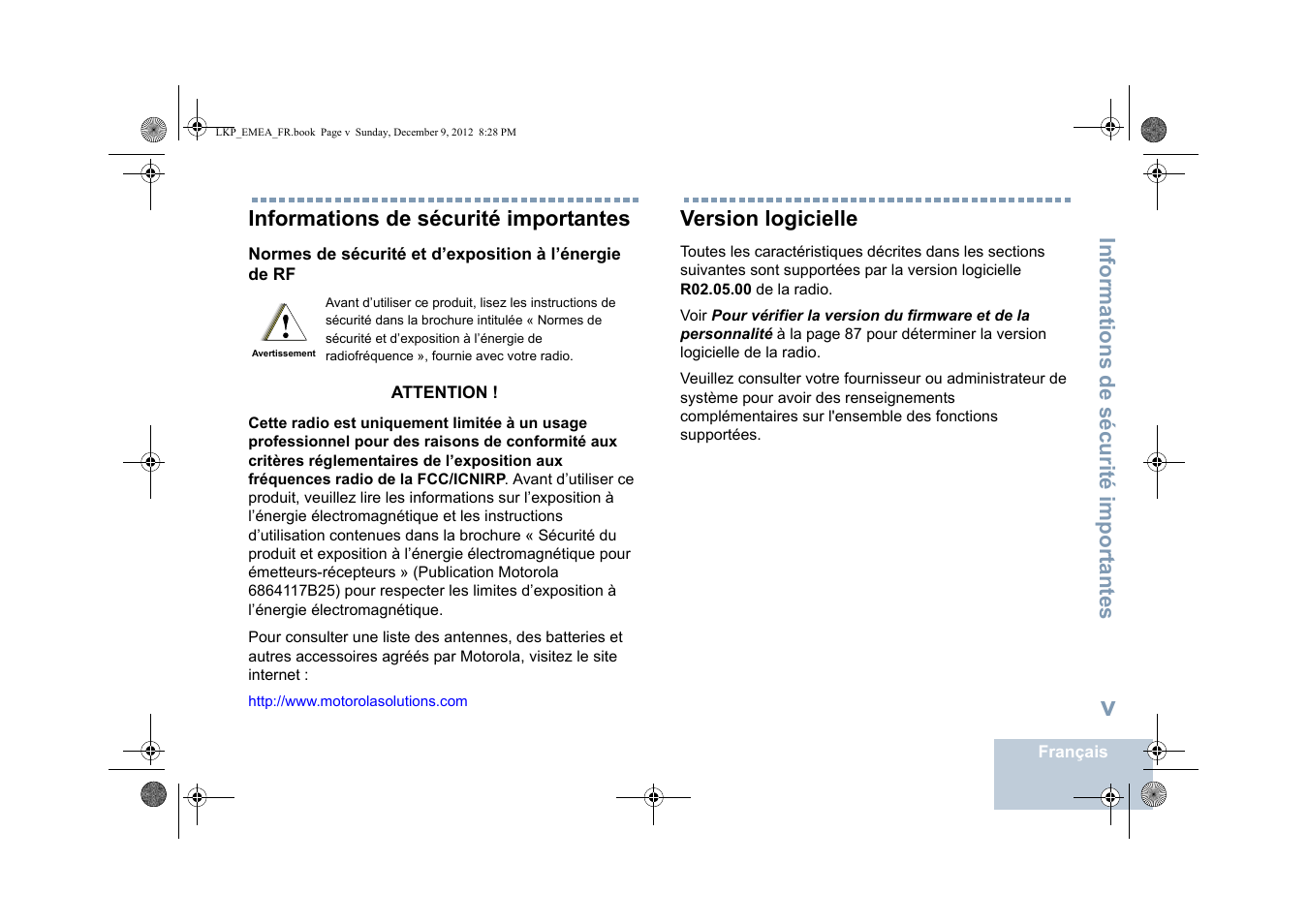 Informations de sécurité importantes, Version logicielle | Motorola DP 2600 User Manual | Page 203 / 900