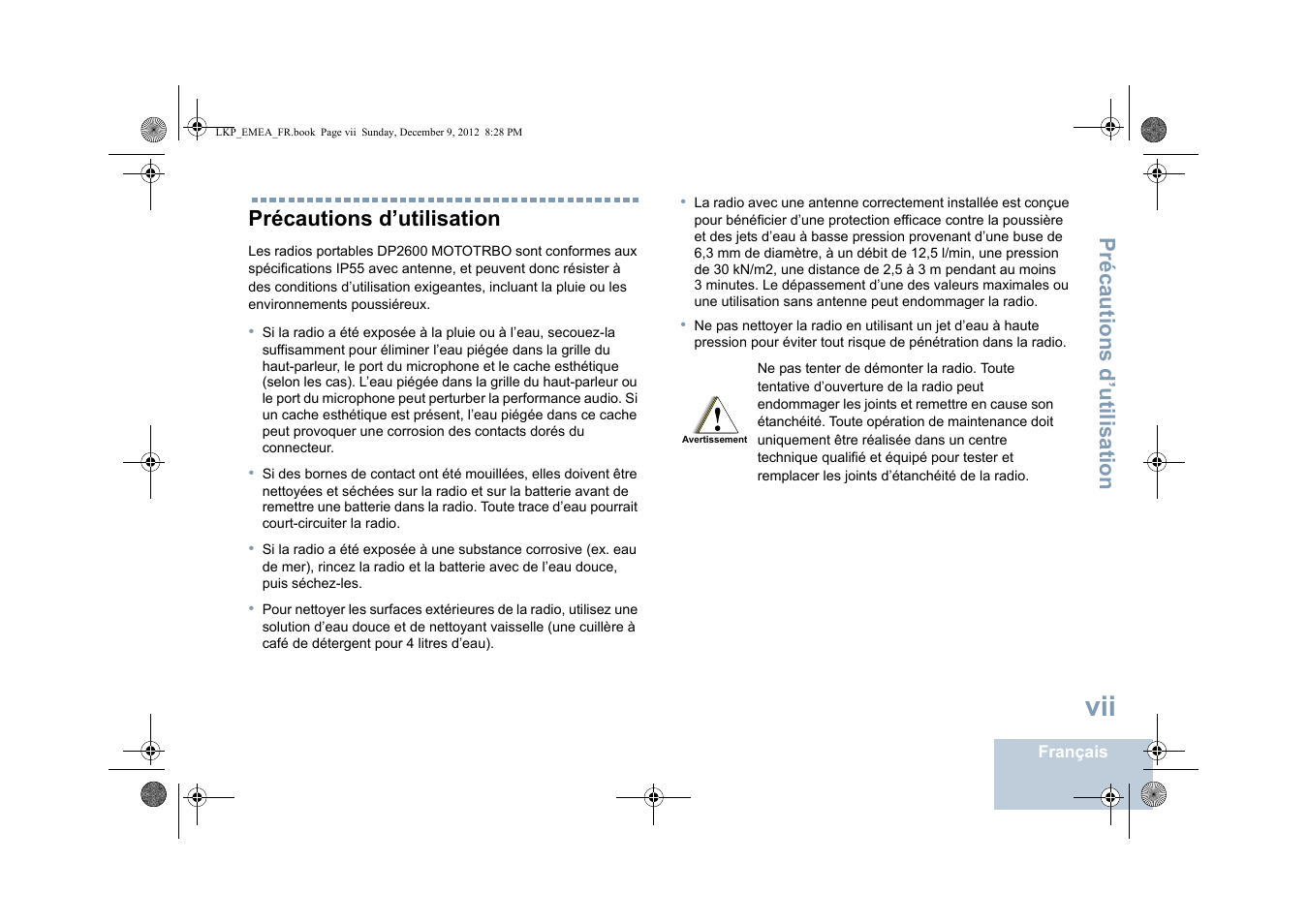 Précautions d’utilisation | Motorola DP 2600 User Manual | Page 205 / 900