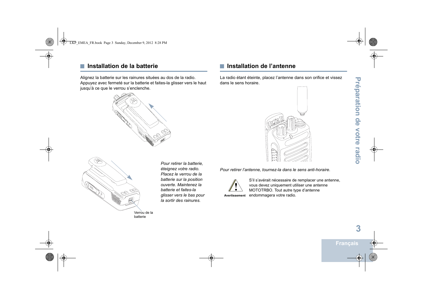 Installation de la batterie, Installation de l’antenne, Prép aration de votre radio | Motorola DP 2600 User Manual | Page 209 / 900