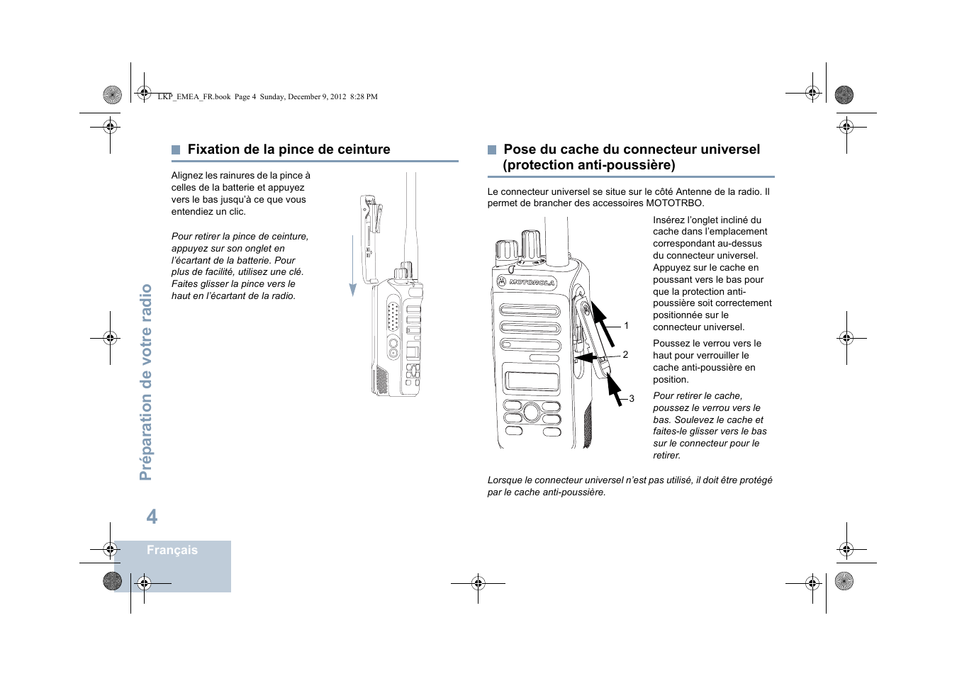 Fixation de la pince de ceinture, Protection anti-poussière), Prép aration de votre radio | Motorola DP 2600 User Manual | Page 210 / 900