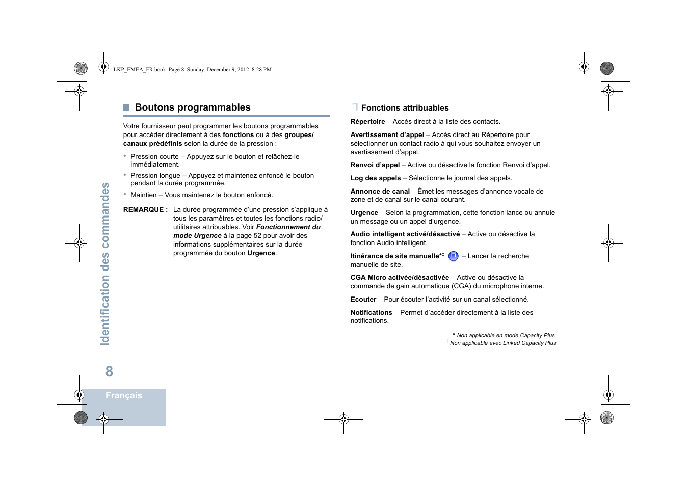 Boutons programmables, Fonctions attribuables, Identification des commandes | Motorola DP 2600 User Manual | Page 214 / 900