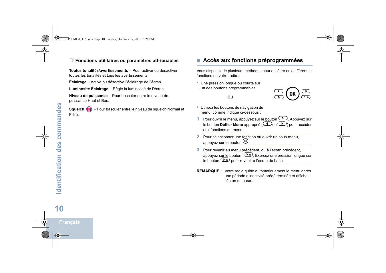 Fonctions utilitaires ou paramètres attribuables, Accès aux fonctions préprogrammées, Identification des commandes | Motorola DP 2600 User Manual | Page 216 / 900